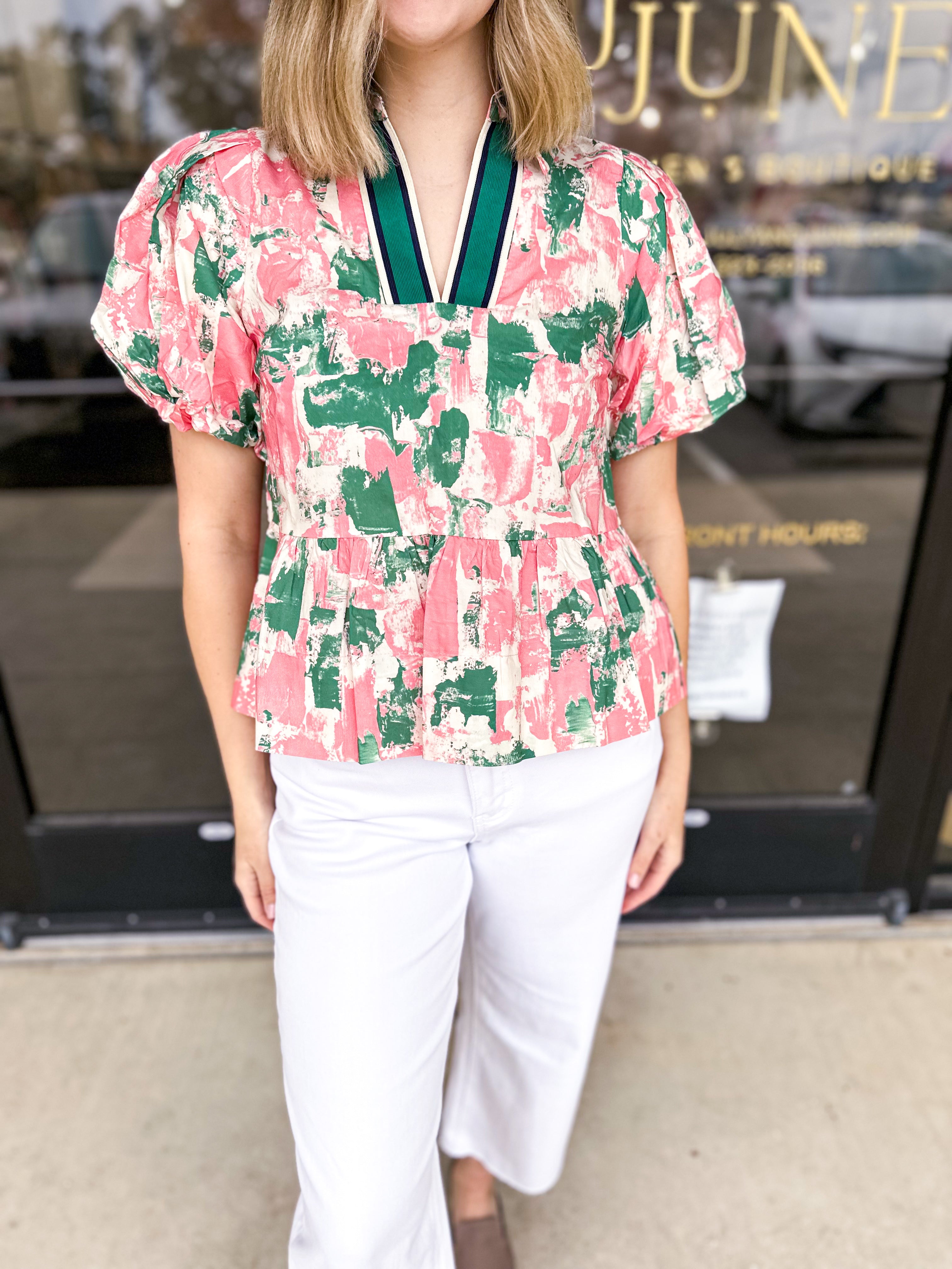 Peplum Chic Blouse - Green Combo-200 Fashion Blouses-ENTRO-July & June Women's Fashion Boutique Located in San Antonio, Texas