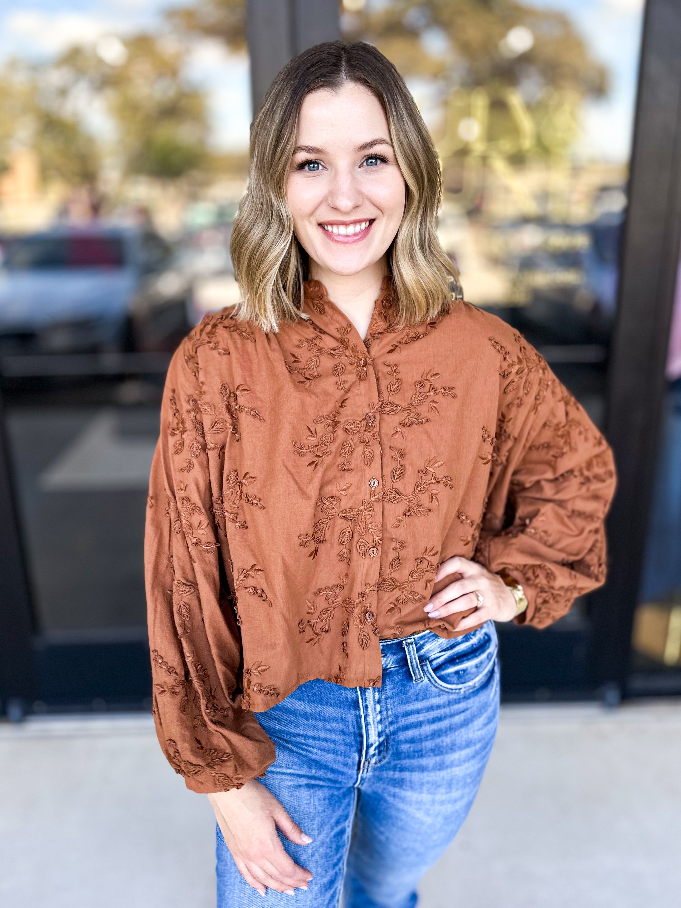 Chestnut Crochet Detail Blouse-200 Fashion Blouses-ENTRO-July & June Women's Fashion Boutique Located in San Antonio, Texas