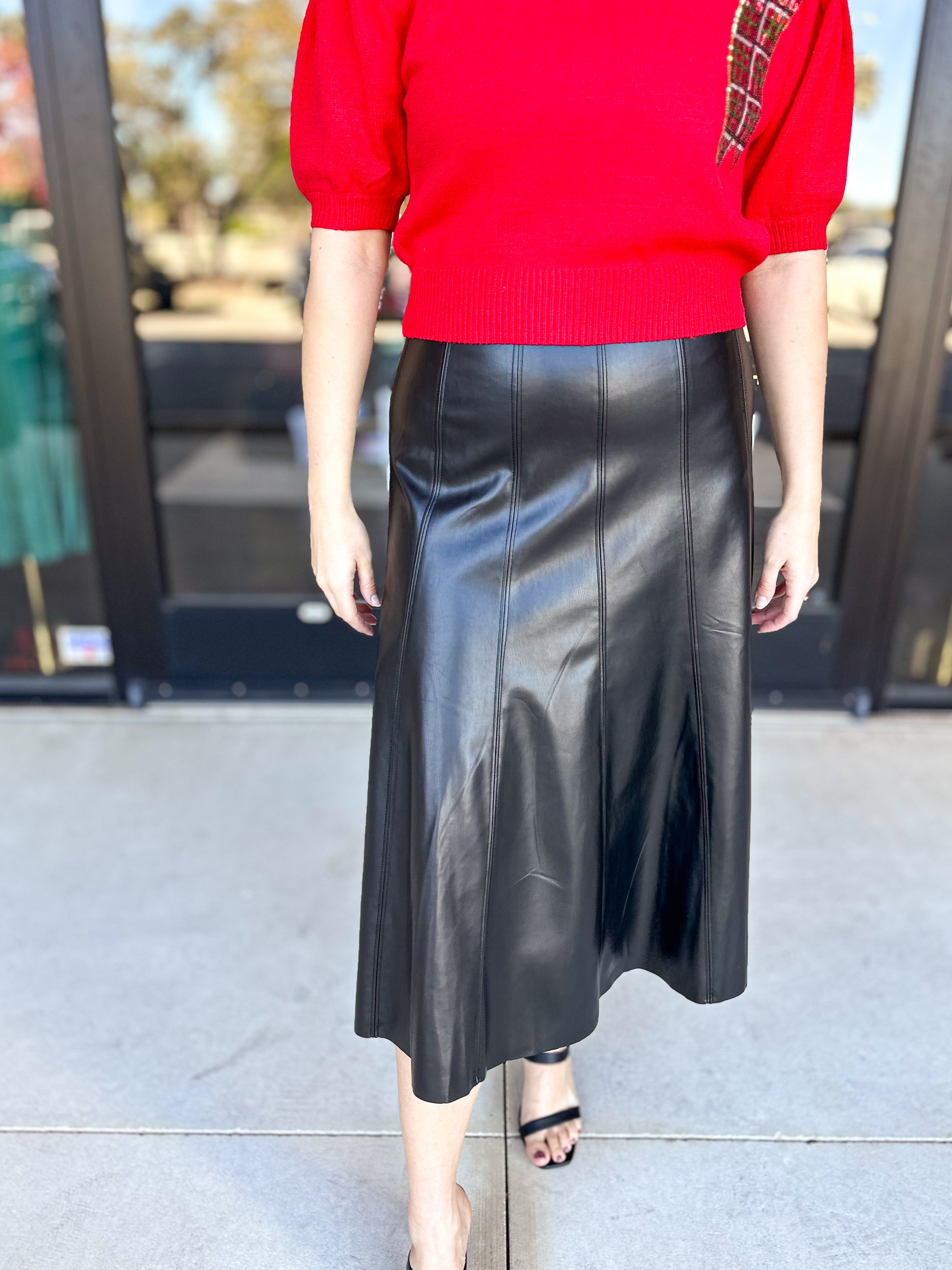 Black Faux Leather Midi Skirt-410 Shorts/Skirts-SKIES ARE BLUE-July & June Women's Fashion Boutique Located in San Antonio, Texas