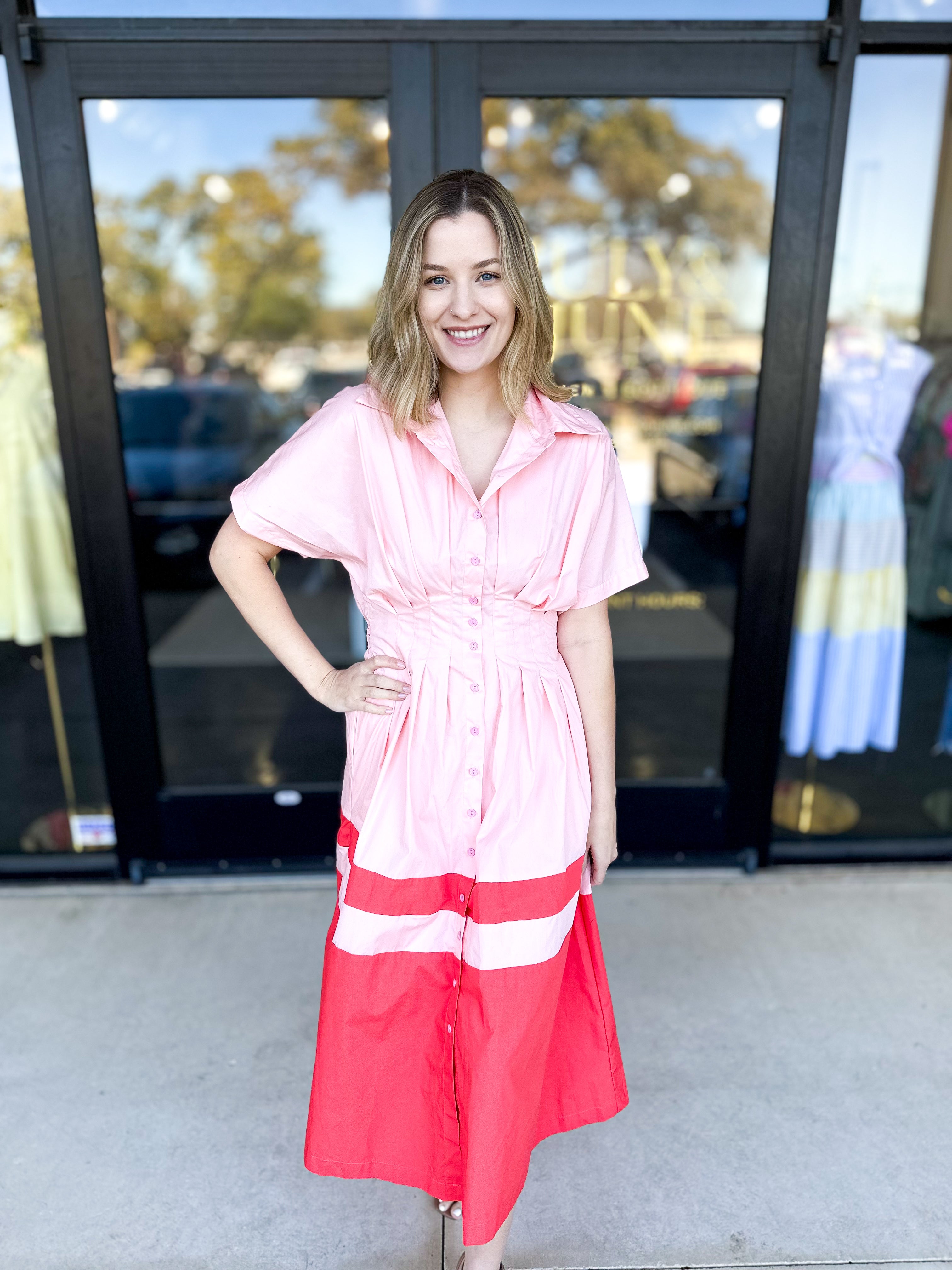 Pink & Red Contrast Midi Dress-500 Midi-&MERCI-July & June Women's Fashion Boutique Located in San Antonio, Texas