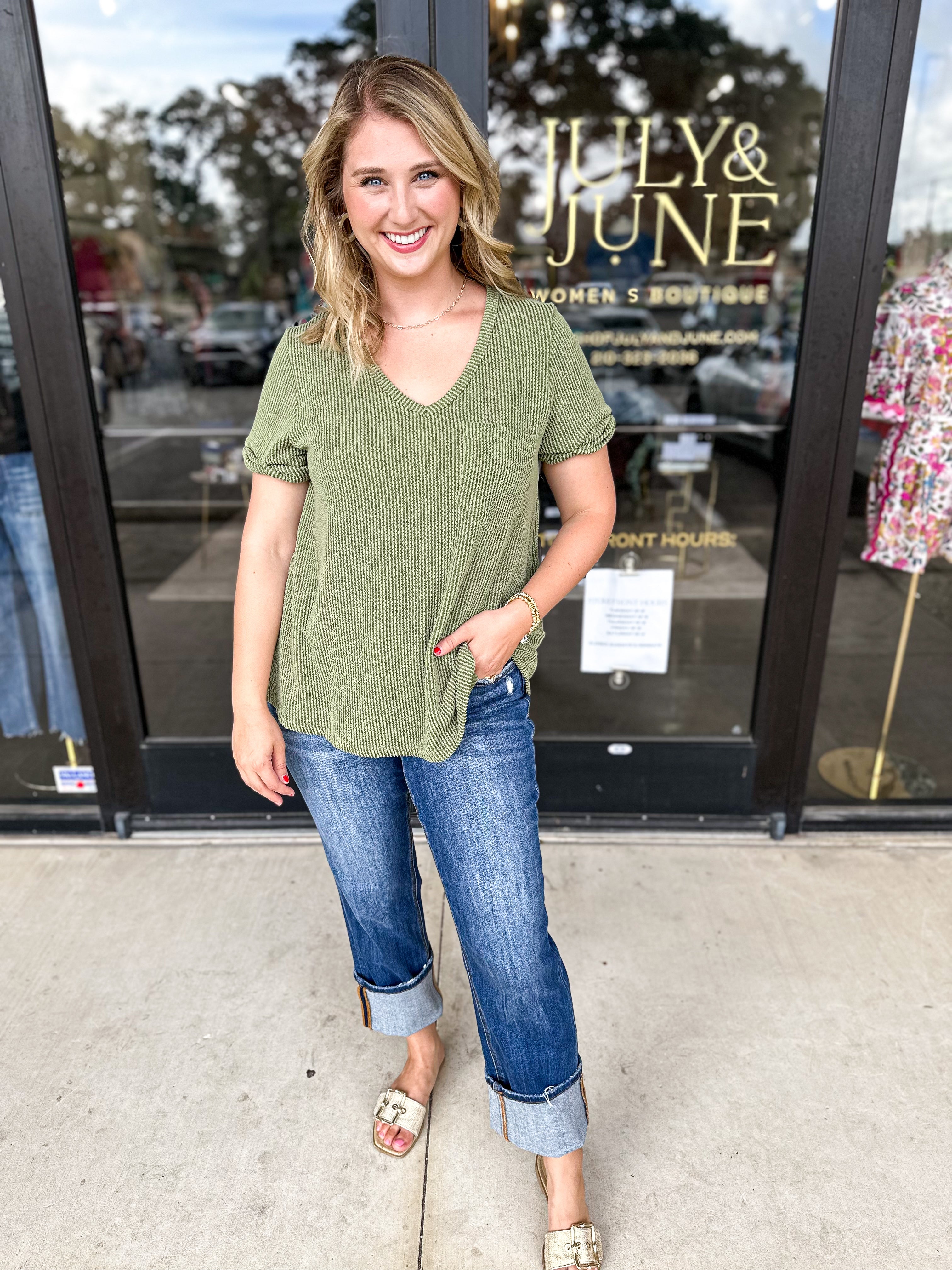 Ribbed V-Neck Tee - Deep Green-210 Casual Blouses-ENTRO-July & June Women's Fashion Boutique Located in San Antonio, Texas
