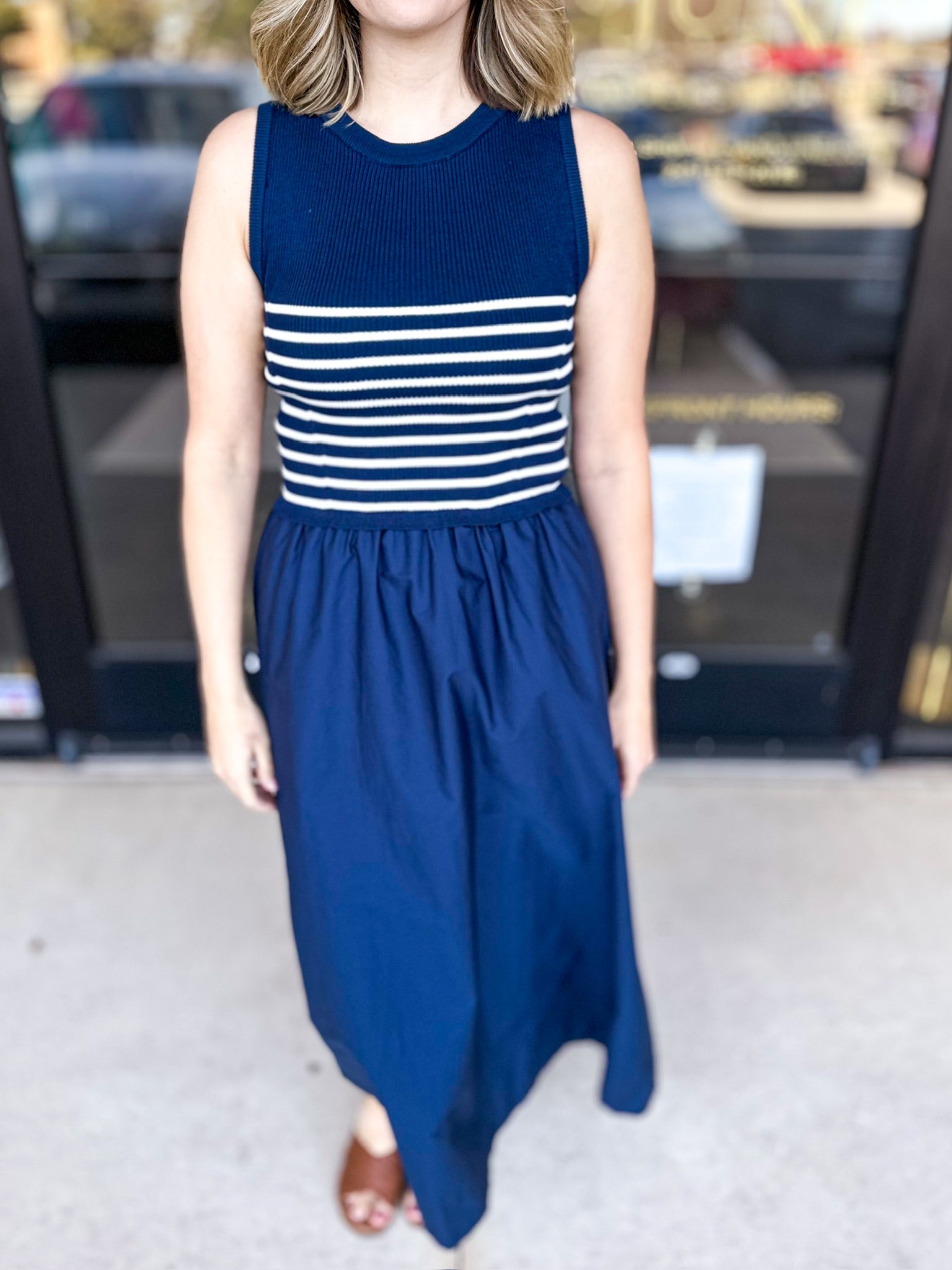 The Delilah Dress - Navy & Ivory-500 Midi-SKIES ARE BLUE-July & June Women's Fashion Boutique Located in San Antonio, Texas