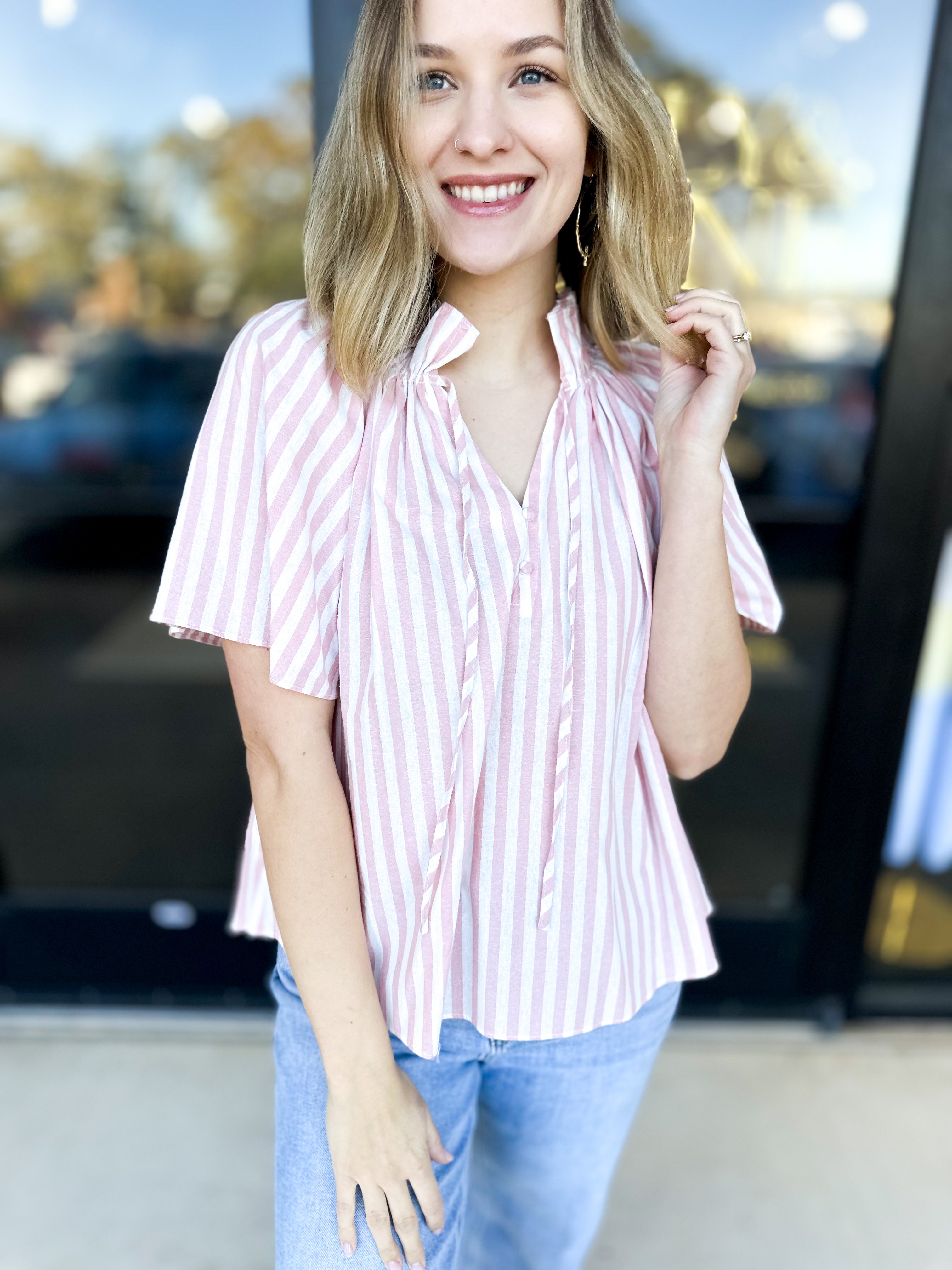 Preppy Striped Blouse-200 Fashion Blouses-FATE-July & June Women's Fashion Boutique Located in San Antonio, Texas