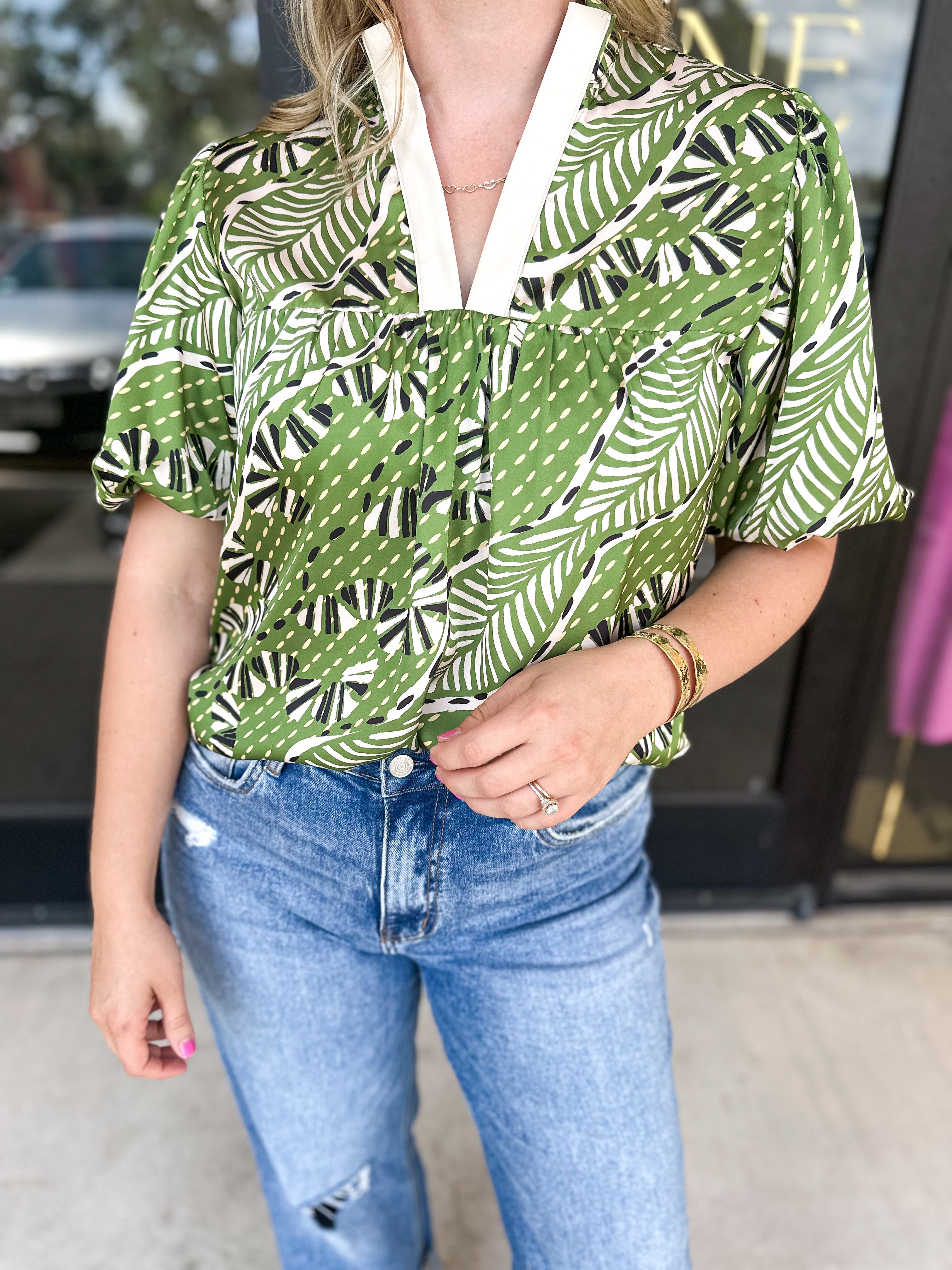 THML - Abstract Greenery Blouse-200 Fashion Blouses-THML-July & June Women's Fashion Boutique Located in San Antonio, Texas