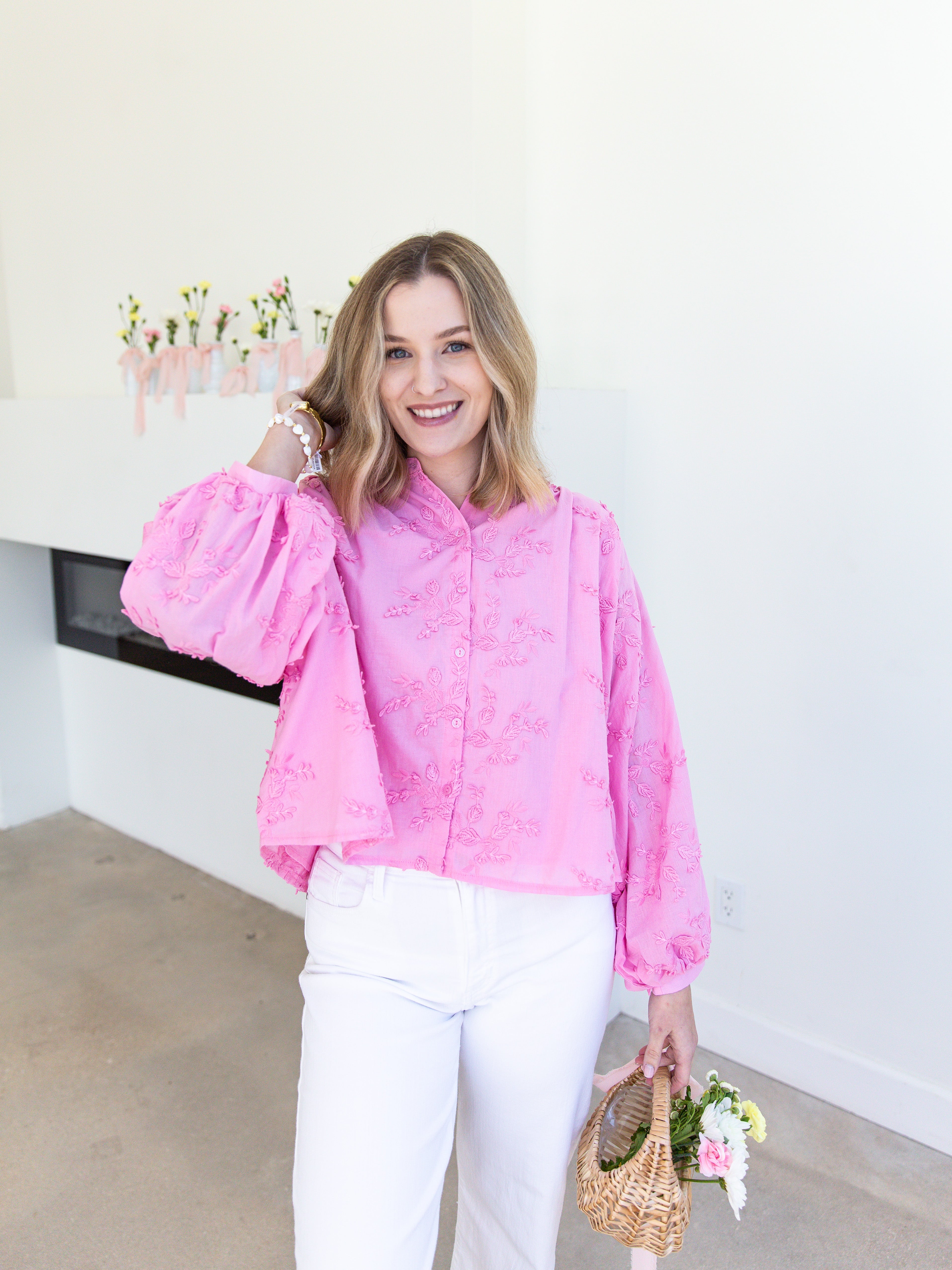 Feminine Floral Blouse - Baby Pink-200 Fashion Blouses-ENTRO-July & June Women's Fashion Boutique Located in San Antonio, Texas