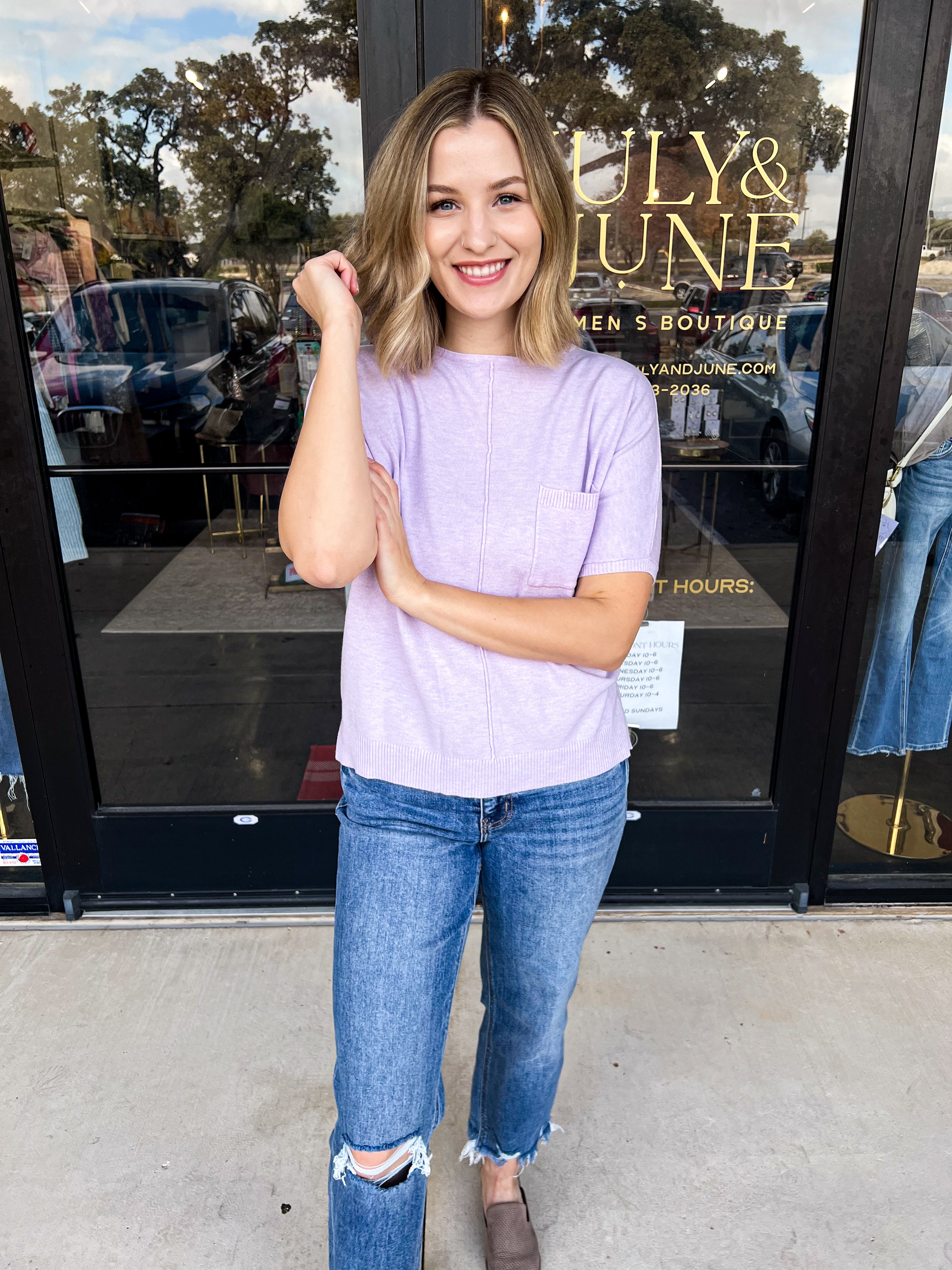 Comfy Pocket Sweater Tee - Lavender-200 Fashion Blouses-ALLIE ROSE-July & June Women's Fashion Boutique Located in San Antonio, Texas