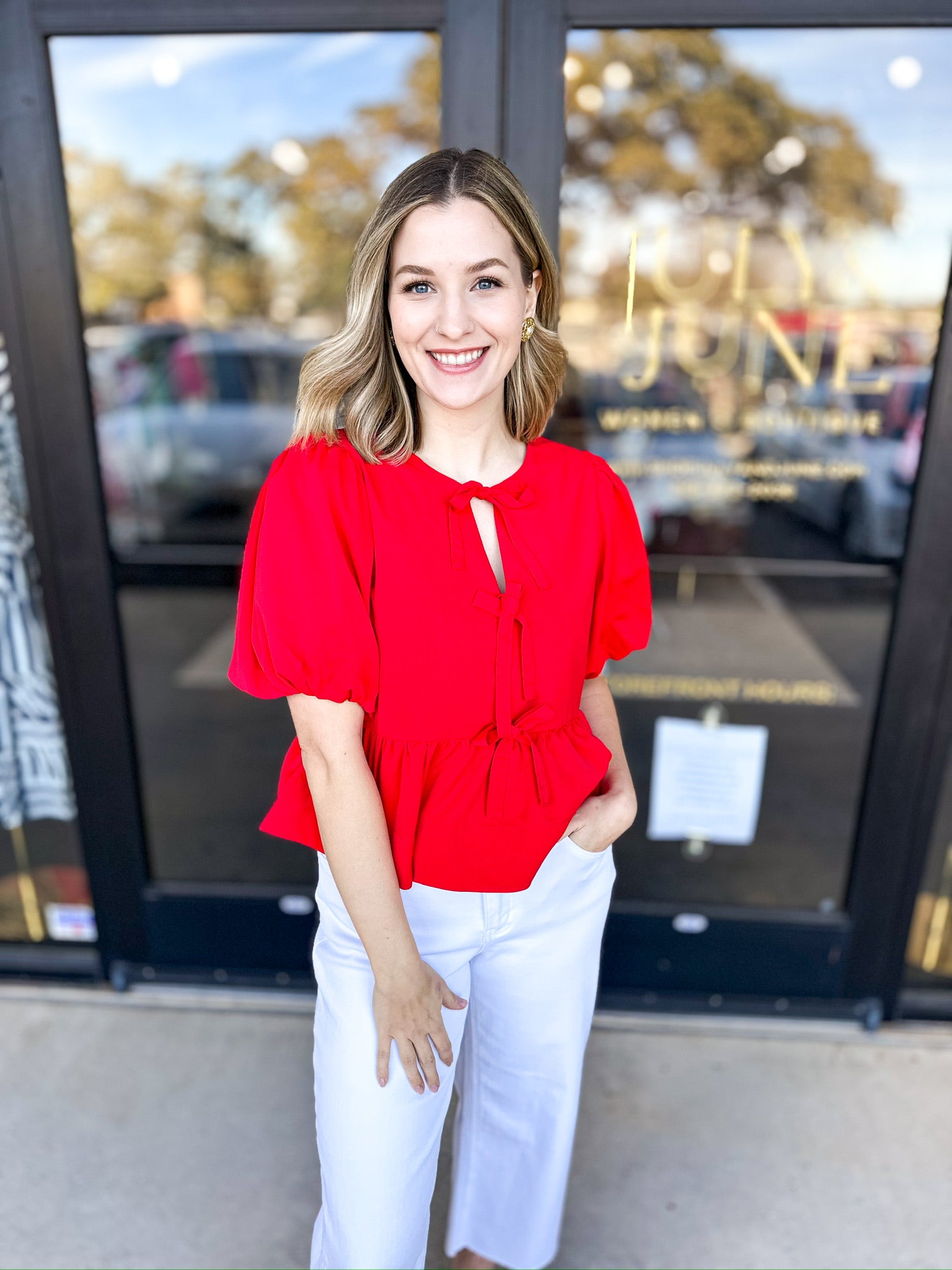 Feminine Bow Blouse - Red-200 Fashion Blouses-ENTRO-July & June Women's Fashion Boutique Located in San Antonio, Texas