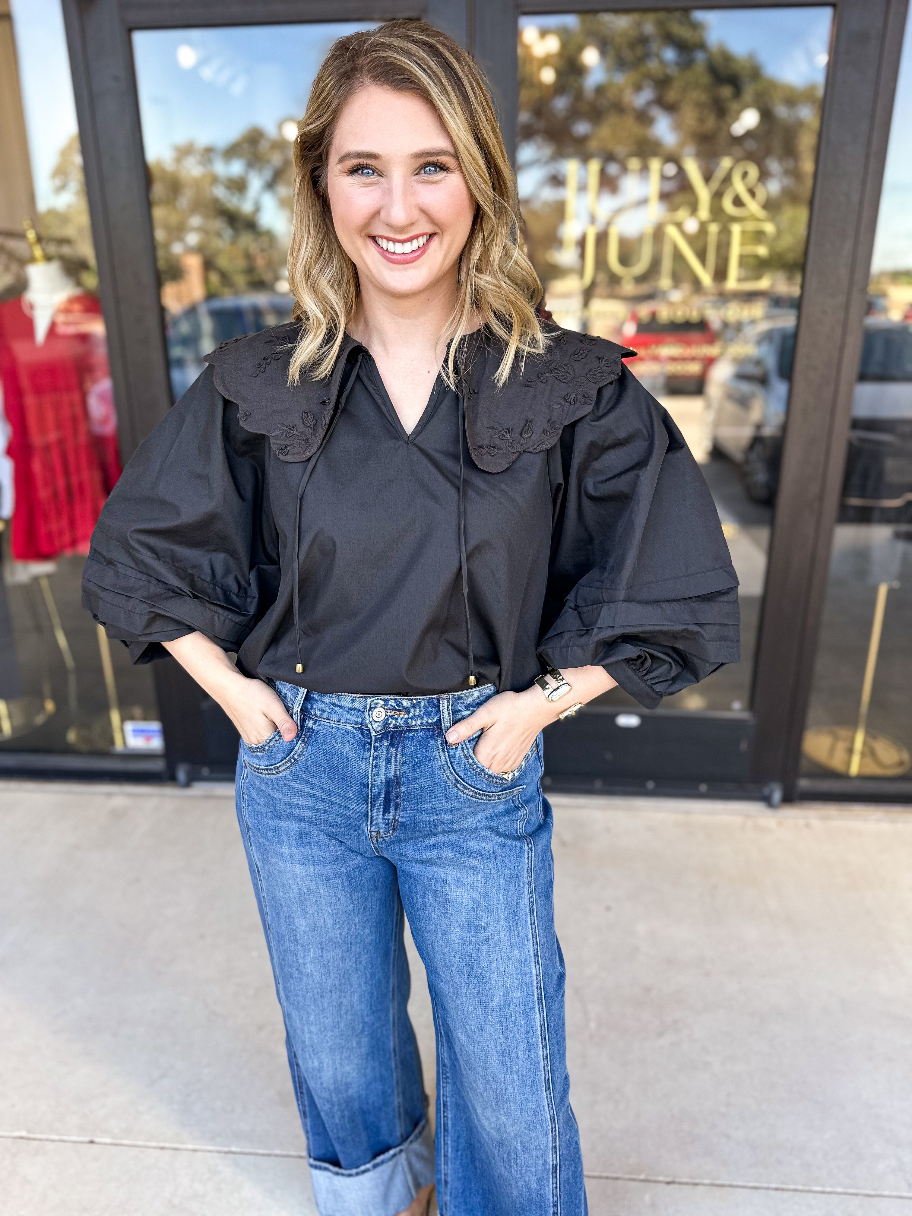 Lace Peter Pan Collar Blouse - Black-200 Fashion Blouses-ENTRO-July & June Women's Fashion Boutique Located in San Antonio, Texas