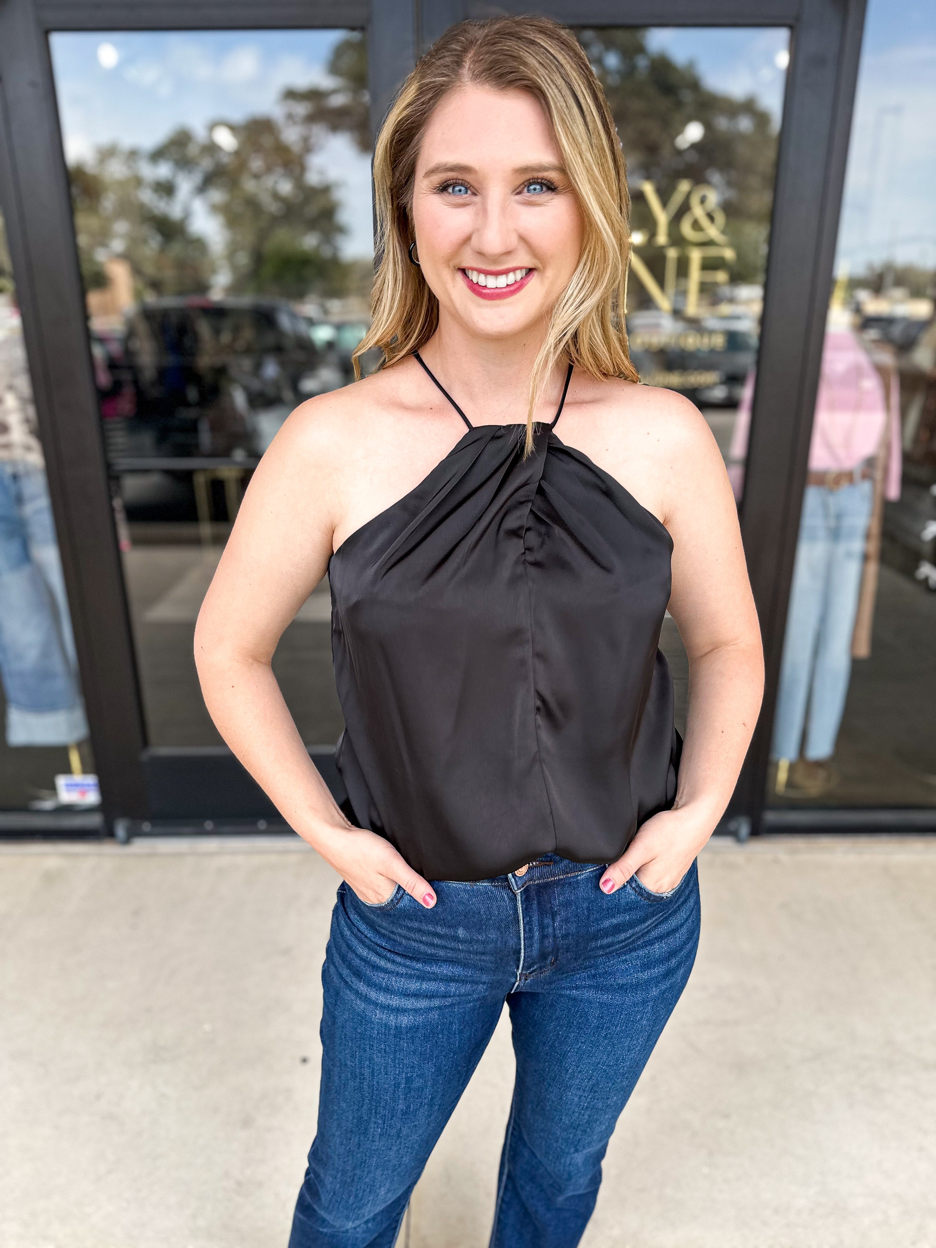 Satin Halter Cami - Black-200 Fashion Blouses-SKIES ARE BLUE-July & June Women's Fashion Boutique Located in San Antonio, Texas