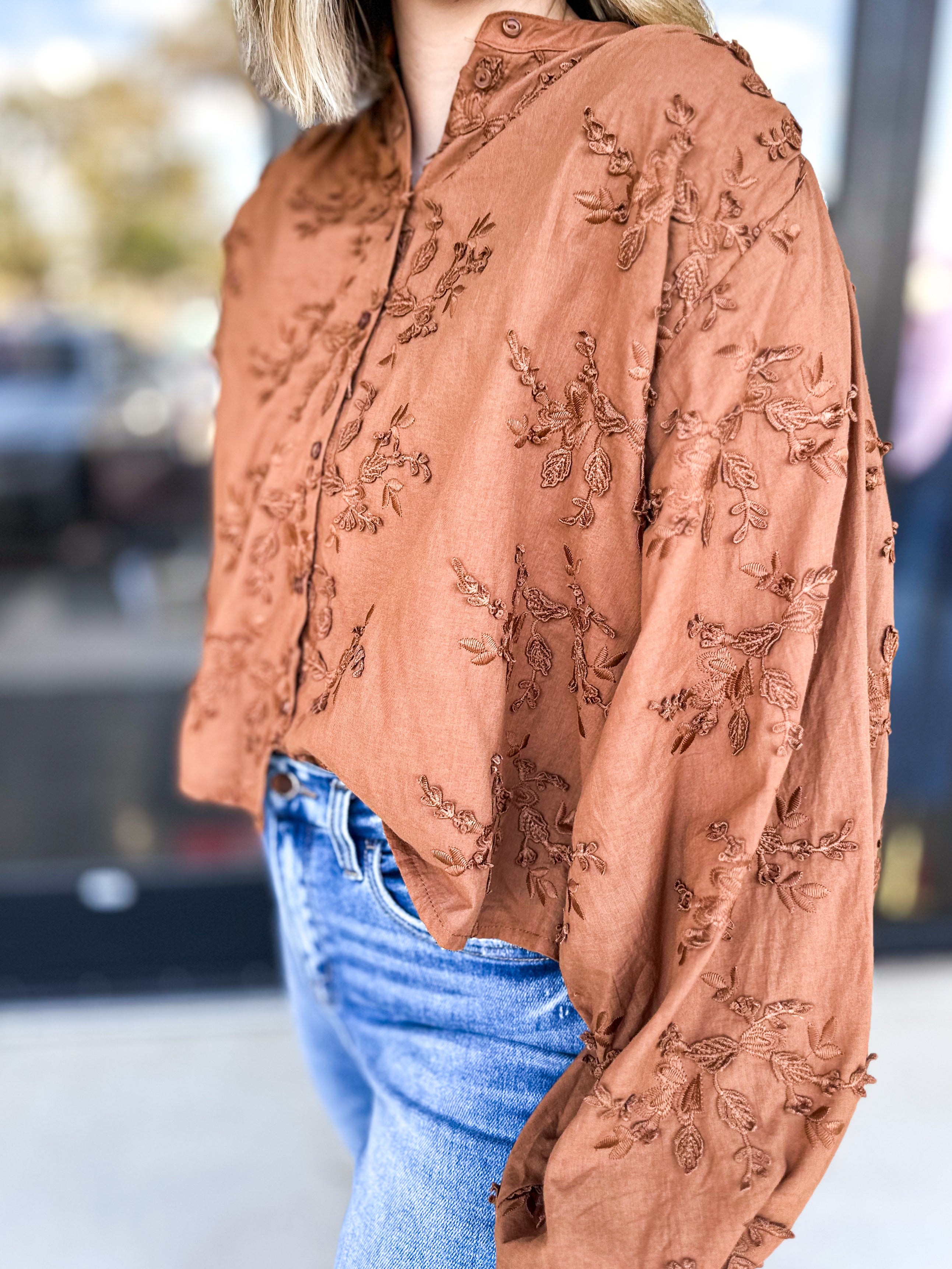 Chestnut Crochet Detail Blouse-200 Fashion Blouses-ENTRO-July & June Women's Fashion Boutique Located in San Antonio, Texas