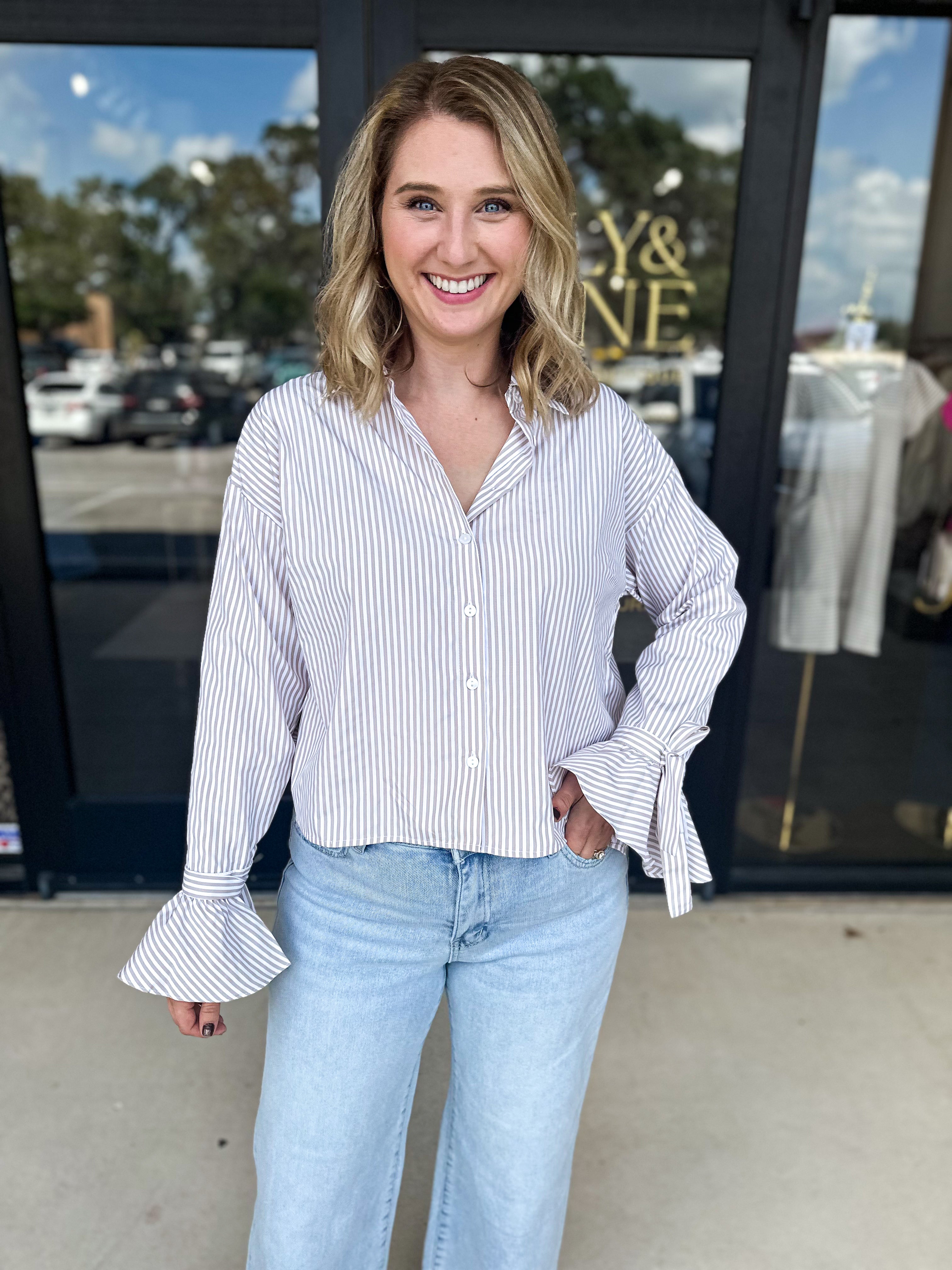 Peplum Sleeve Striped Blouse-200 Fashion Blouses-ABLE-July & June Women's Fashion Boutique Located in San Antonio, Texas