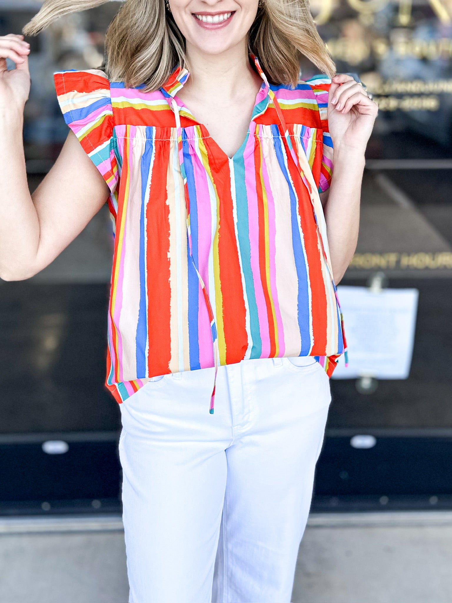 Orange Multi Flutter Sleeve Blouse-200 Fashion Blouses-FATE-July & June Women's Fashion Boutique Located in San Antonio, Texas