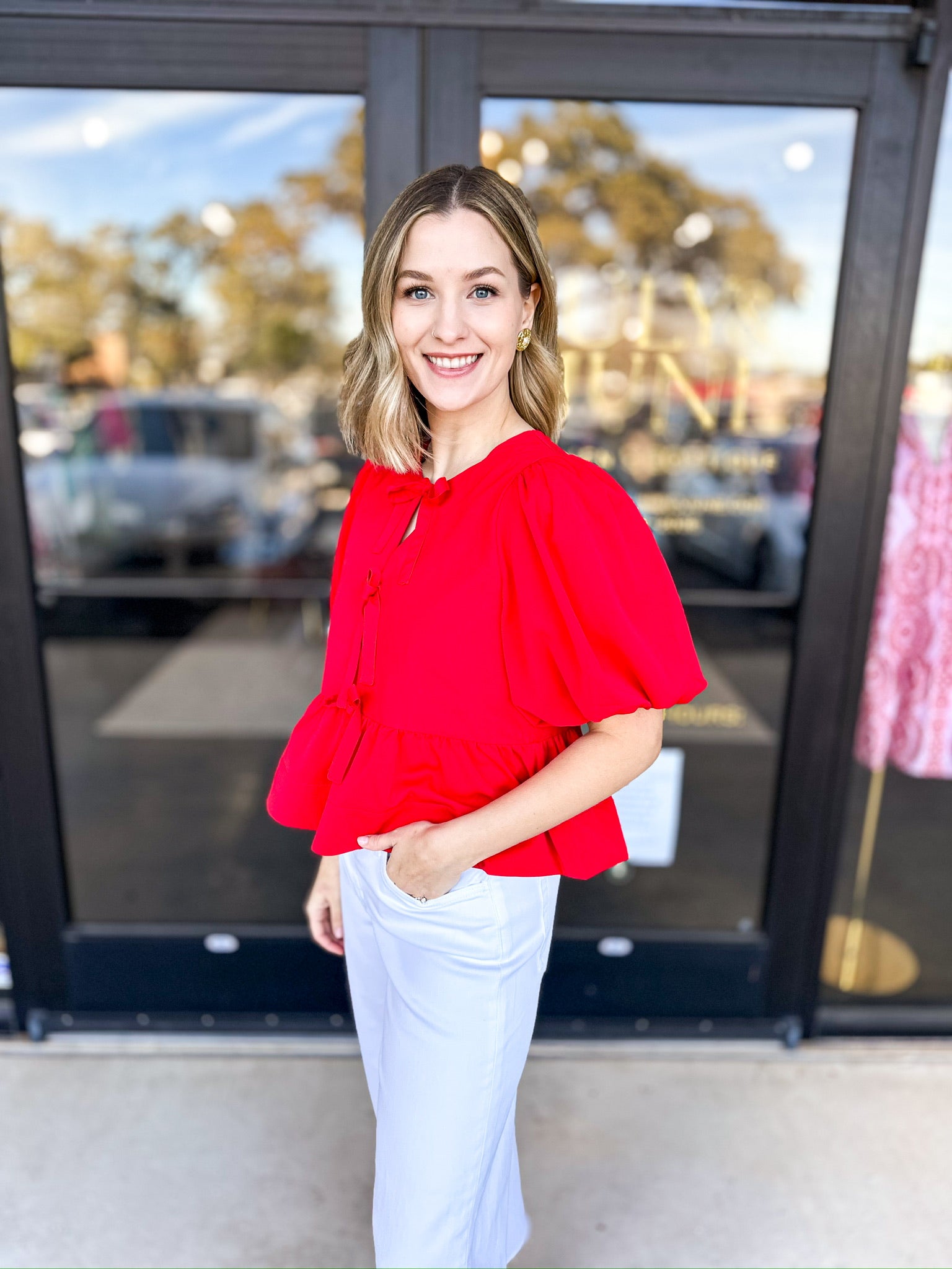 Feminine Bow Blouse - Red-200 Fashion Blouses-ENTRO-July & June Women's Fashion Boutique Located in San Antonio, Texas