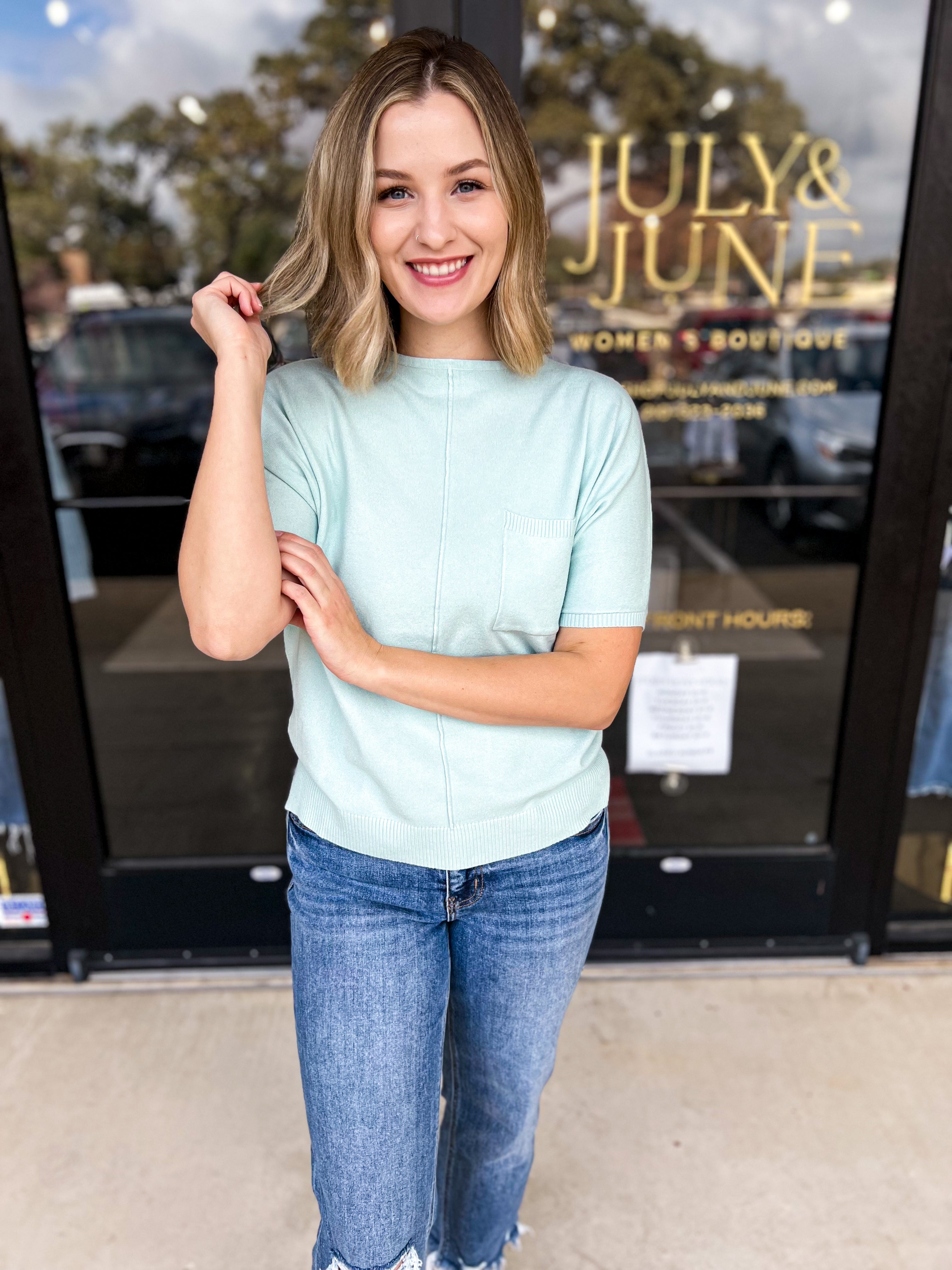 Comfy Pocket Sweater Tee - Ice Green-200 Fashion Blouses-ALLIE ROSE-July & June Women's Fashion Boutique Located in San Antonio, Texas