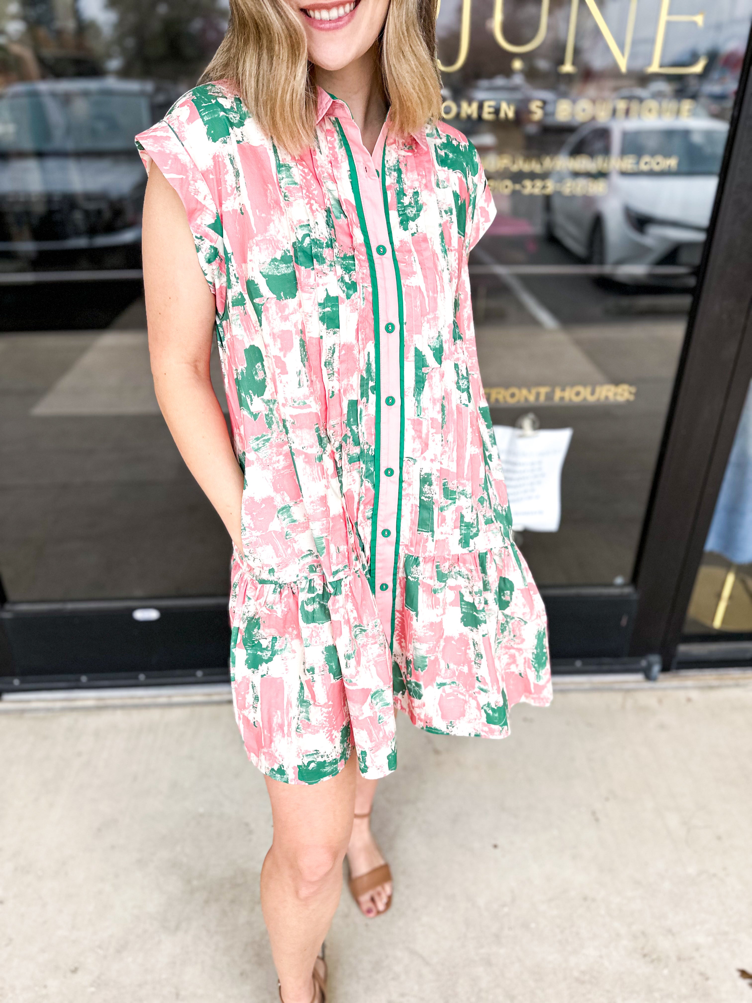 Watercolor Shift Dress - Pink & Green Combo-510 Mini-ENTRO-July & June Women's Fashion Boutique Located in San Antonio, Texas