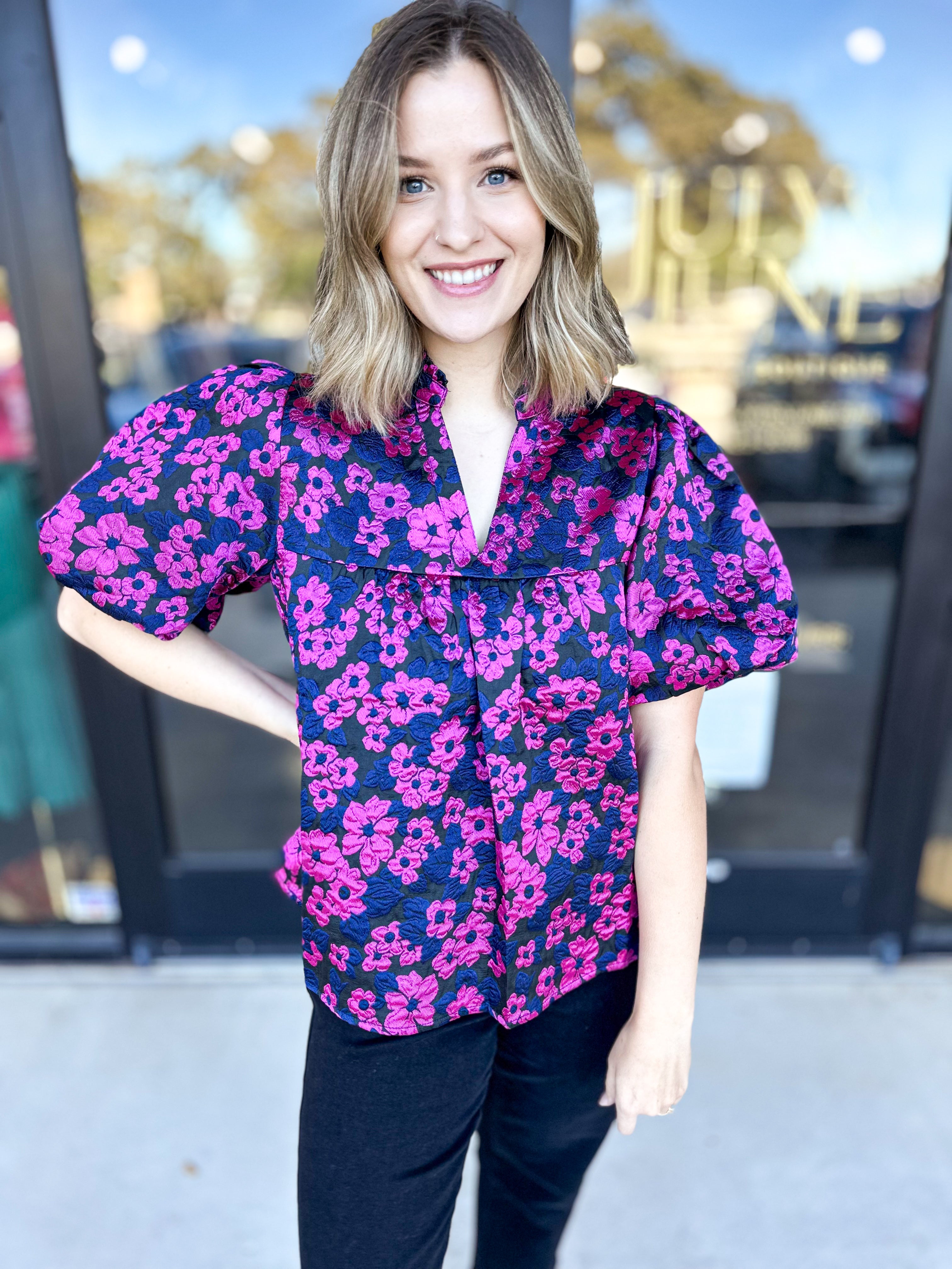 THML - Violet Floral Blouse-200 Fashion Blouses-THML-July & June Women's Fashion Boutique Located in San Antonio, Texas