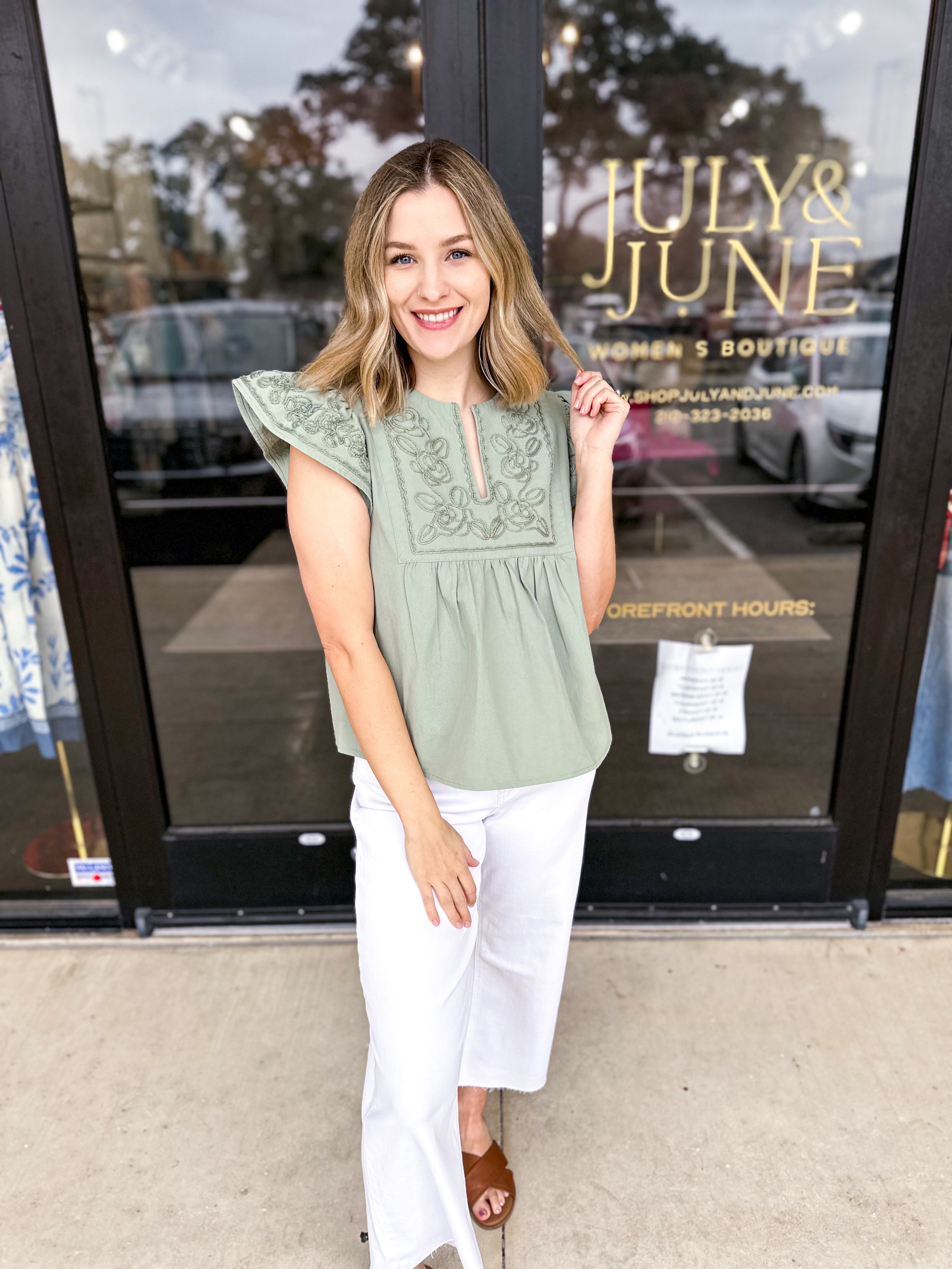 The Magnolia Embroidered Blouse - Seafoam-200 Fashion Blouses-ENTRO-July & June Women's Fashion Boutique Located in San Antonio, Texas