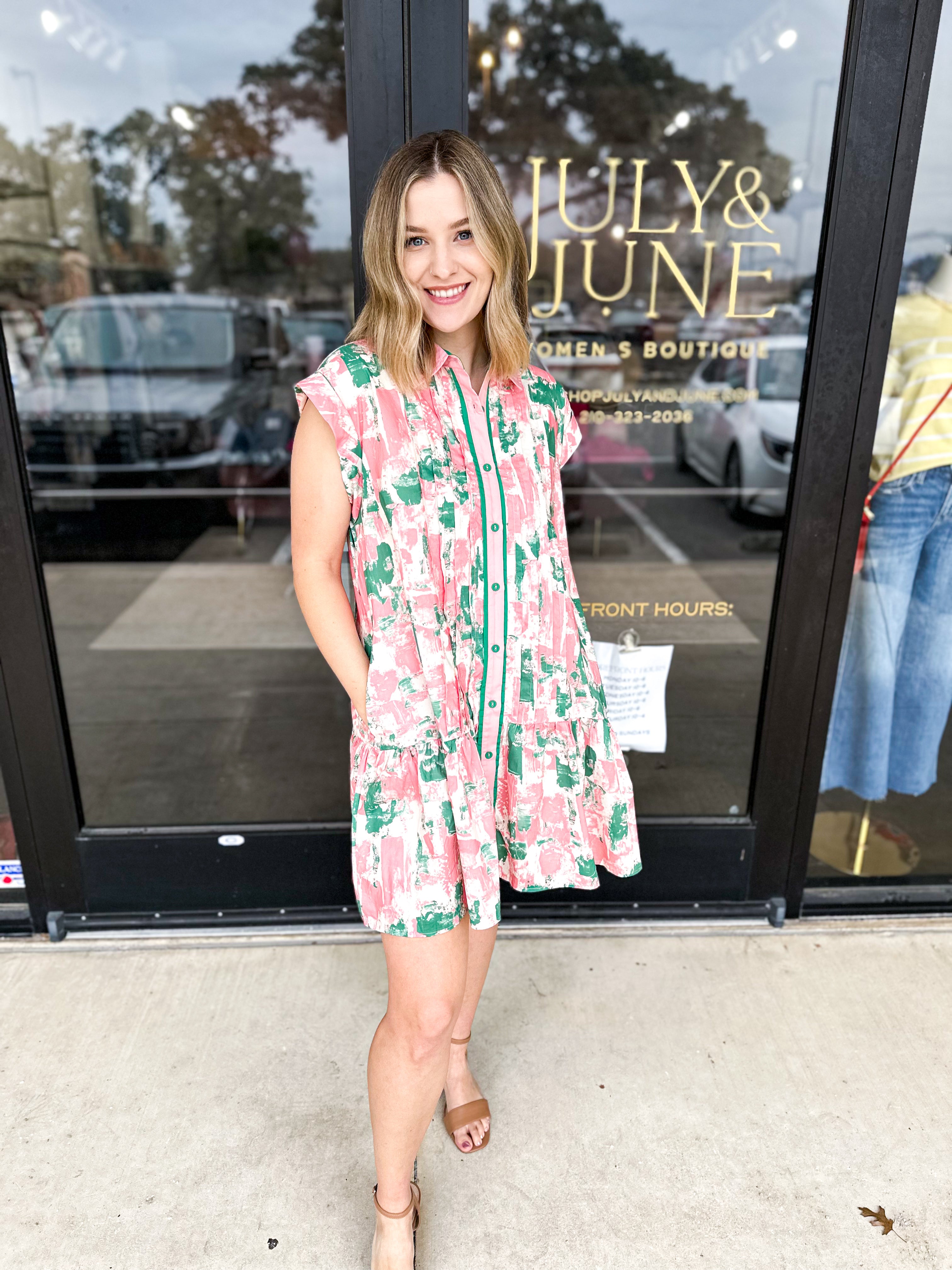 Watercolor Shift Dress - Pink & Green Combo-510 Mini-ENTRO-July & June Women's Fashion Boutique Located in San Antonio, Texas