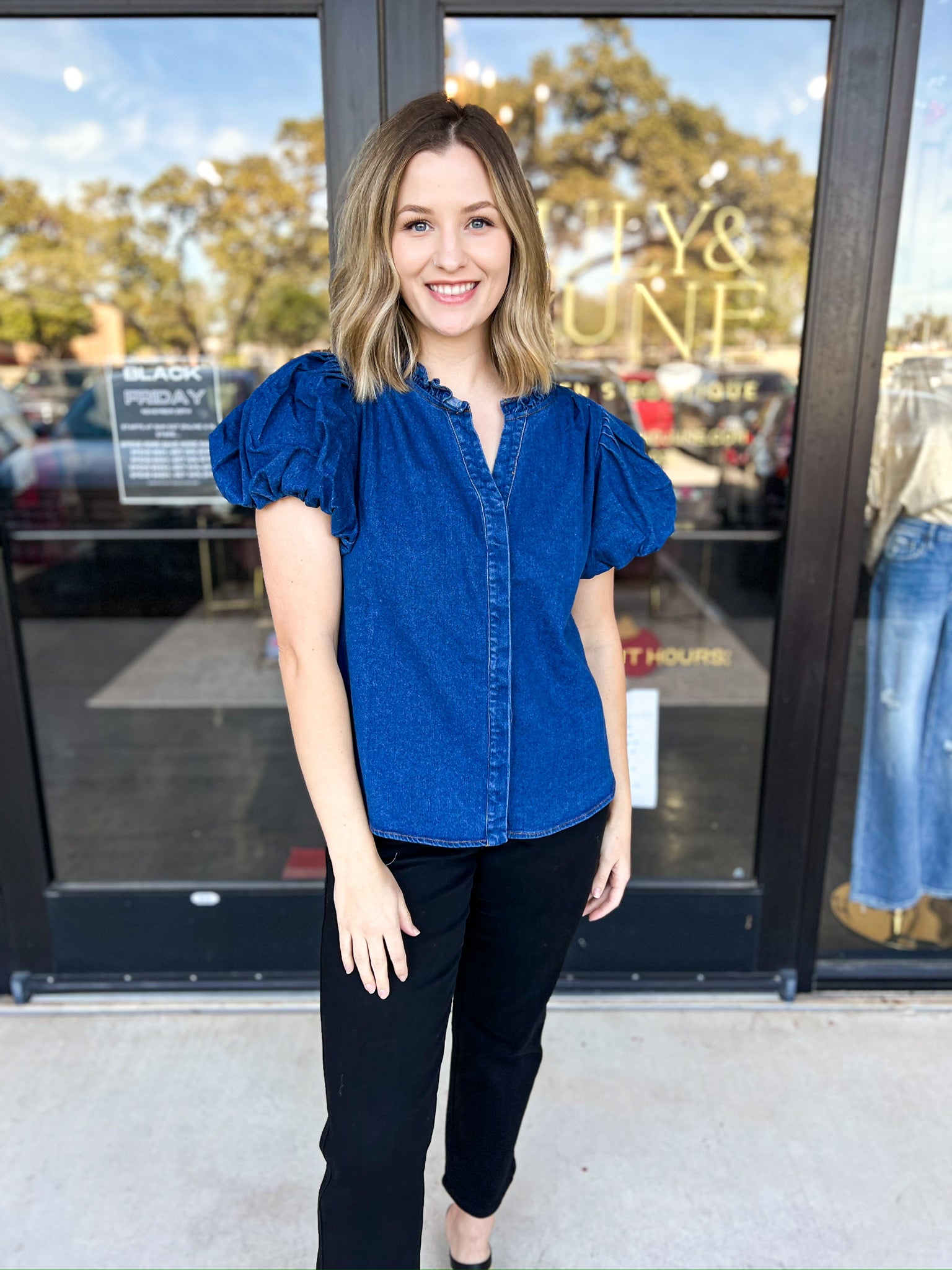 Puff Sleeve Denim Blouse-200 Fashion Blouses-SUGARLIPS-July & June Women's Fashion Boutique Located in San Antonio, Texas