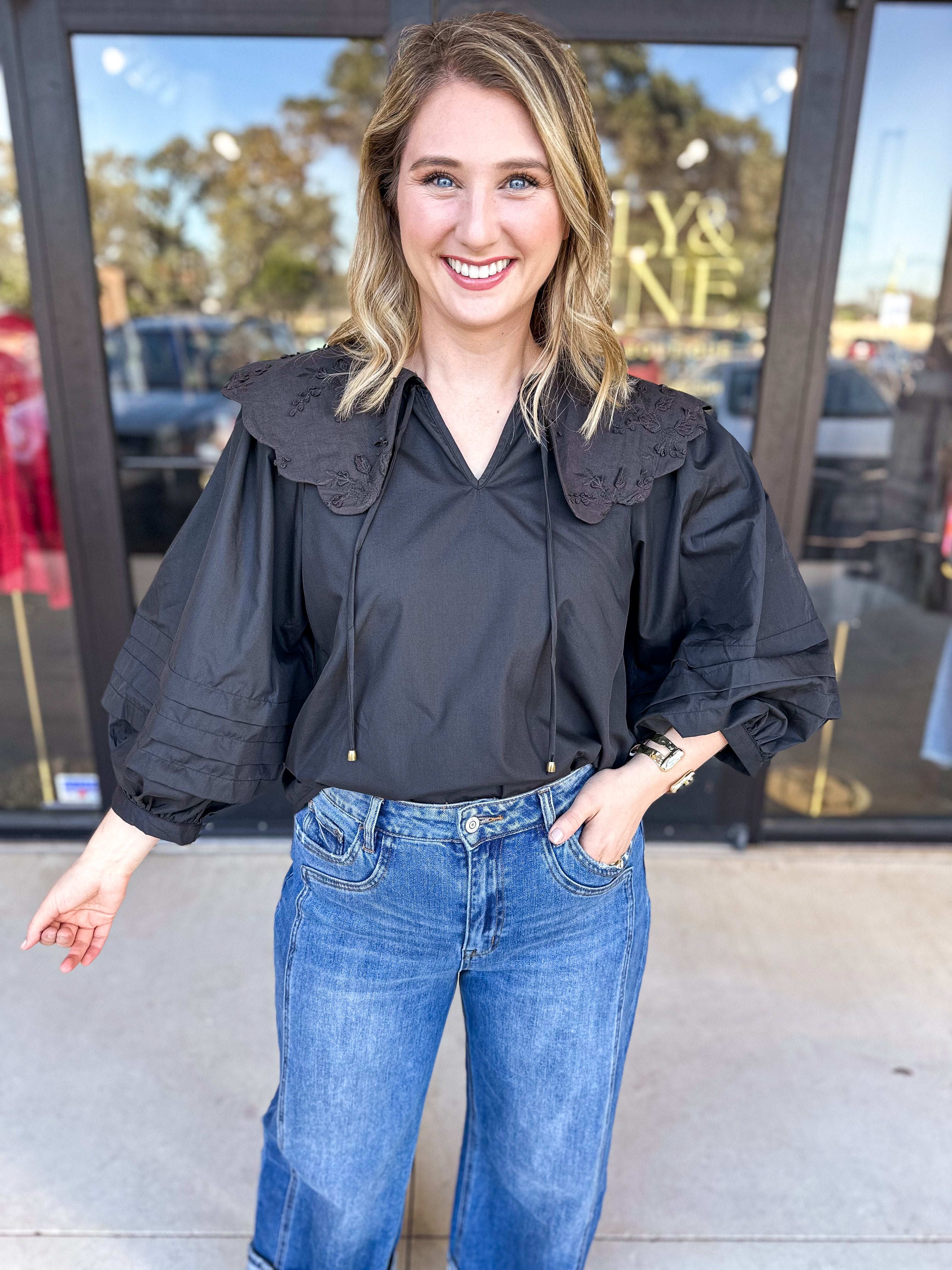 Lace Peter Pan Collar Blouse - Black-200 Fashion Blouses-ENTRO-July & June Women's Fashion Boutique Located in San Antonio, Texas