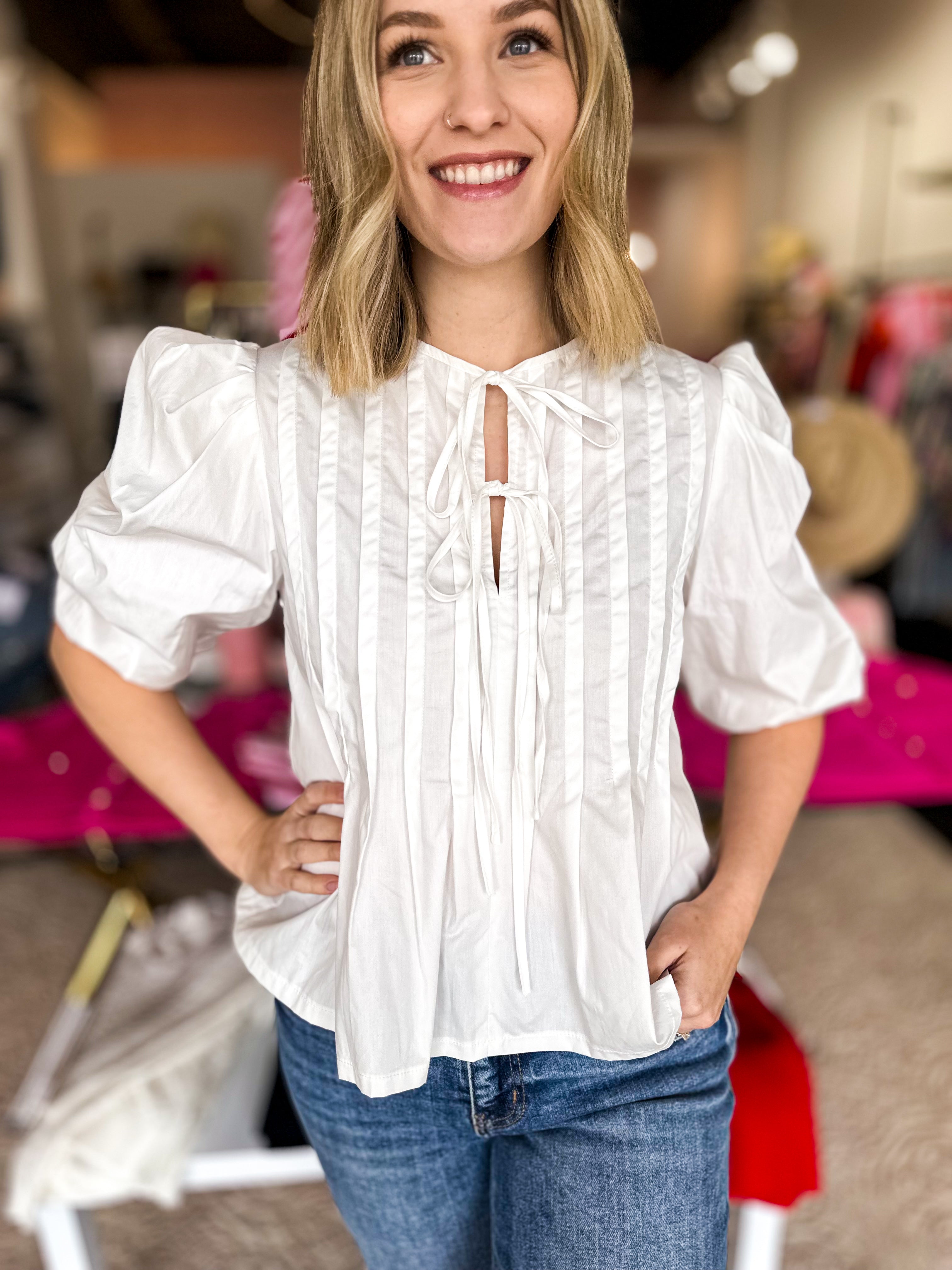 Ivory Tie Front Blouse-200 Fashion Blouses-PINCH-July & June Women's Fashion Boutique Located in San Antonio, Texas