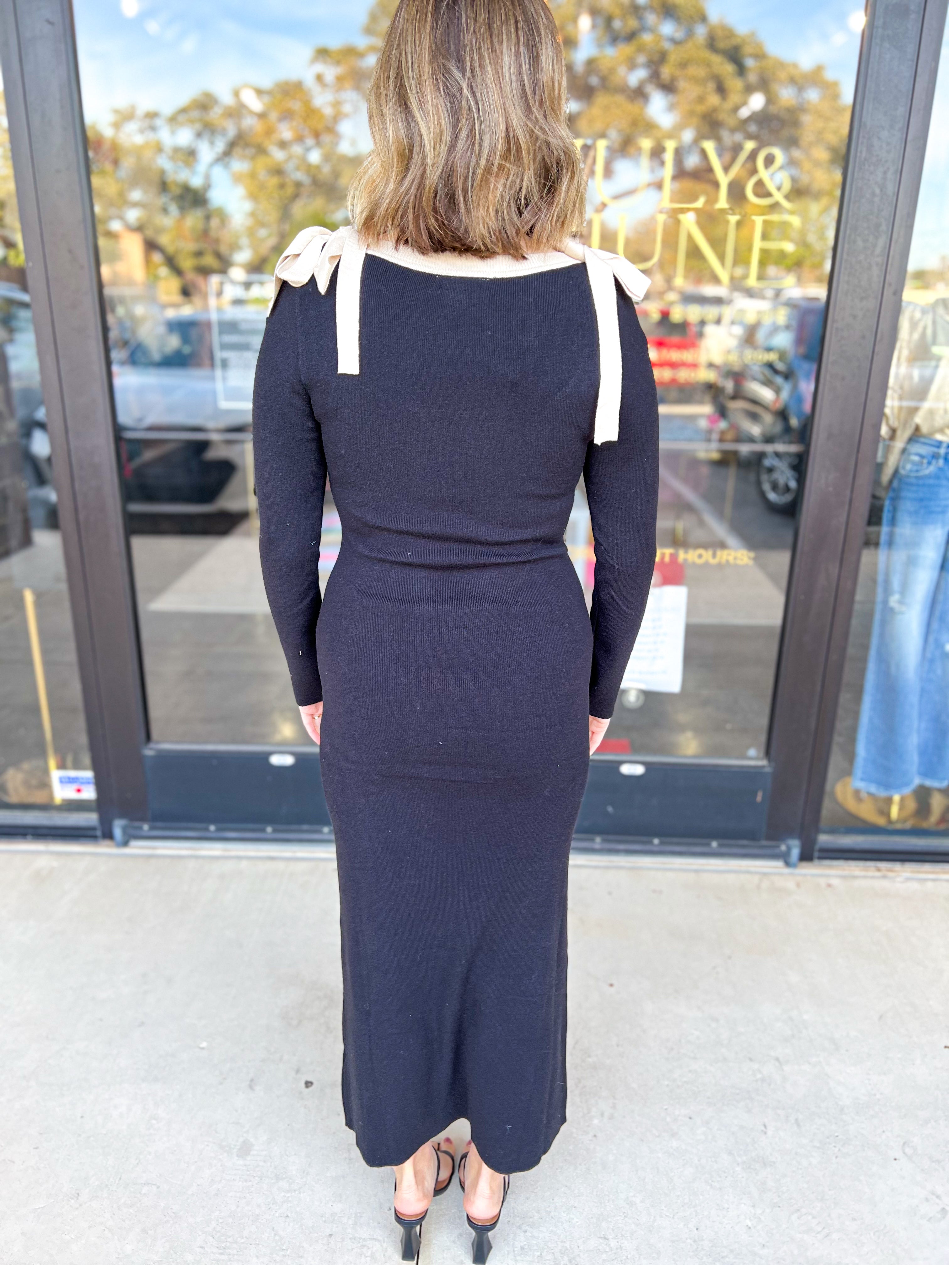 Knit Taupe Bow Midi Dress-500 Midi-ABLE-July & June Women's Fashion Boutique Located in San Antonio, Texas