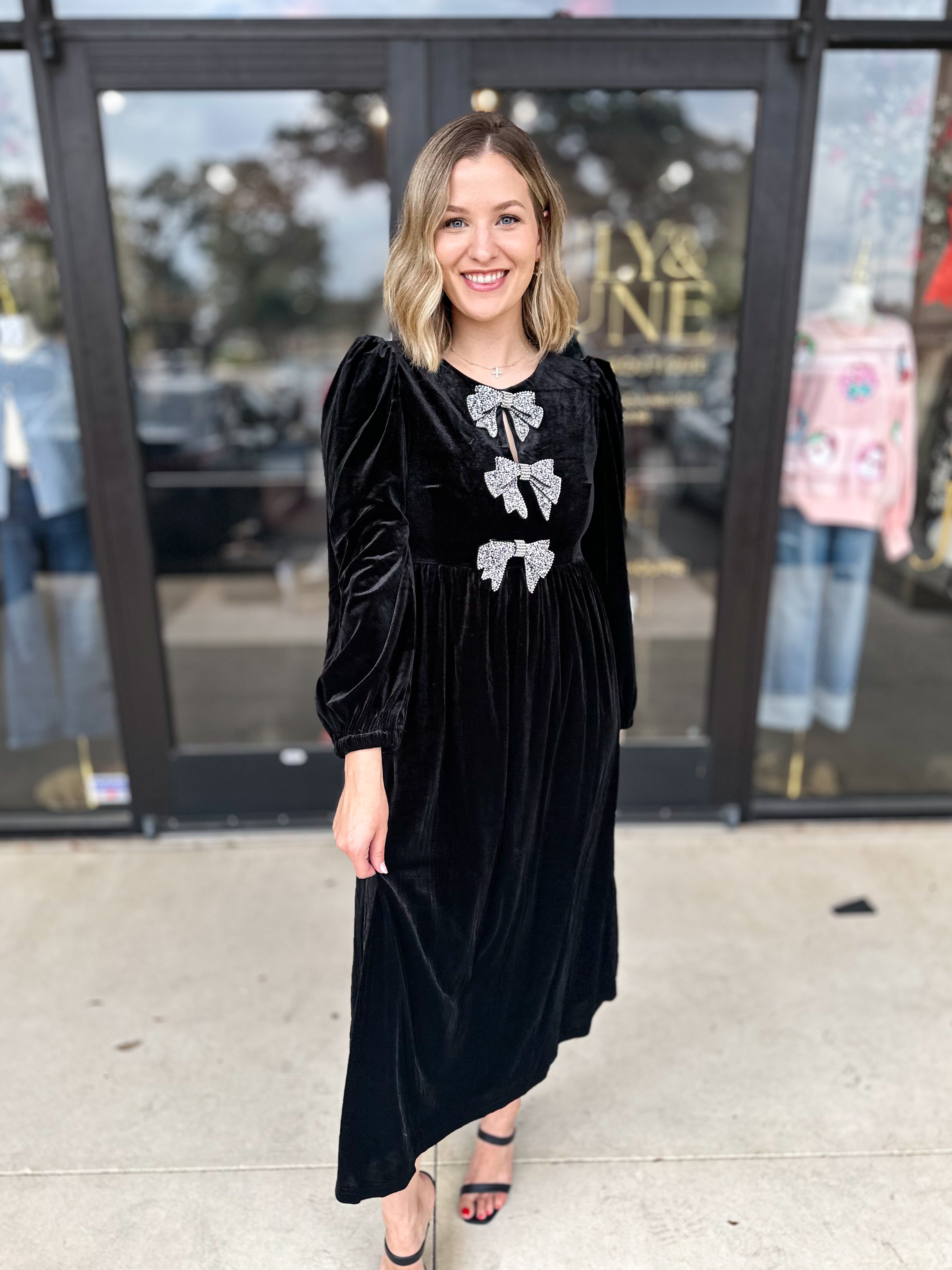 Triple Bow Velvet Midi Dress - Black-500 Midi-SUGARLIPS-July & June Women's Fashion Boutique Located in San Antonio, Texas