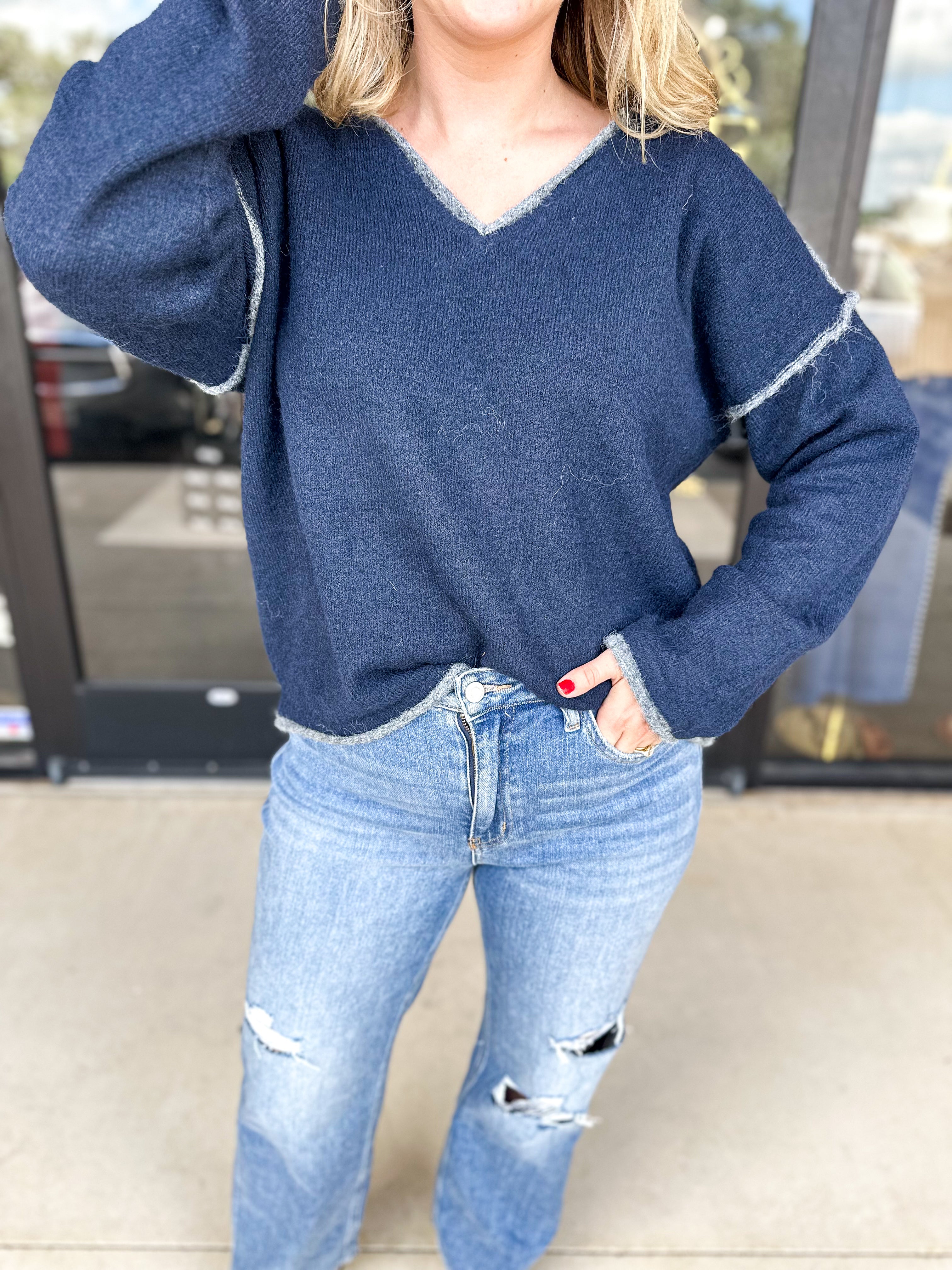 Navy Vintage Sweater-230 Sweaters/Cardis-PINCH-July & June Women's Fashion Boutique Located in San Antonio, Texas