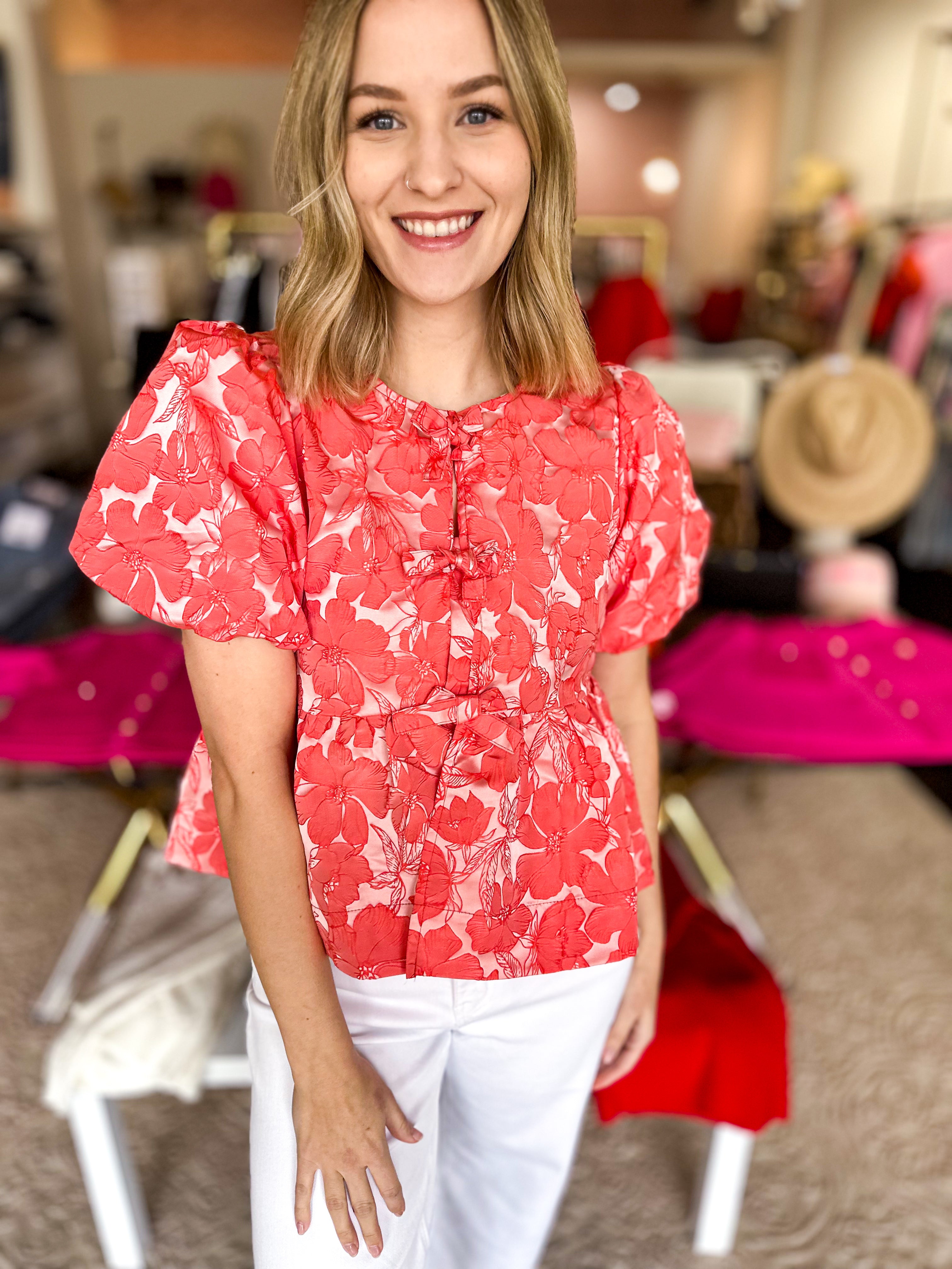 Coral Bow Blouse-200 Fashion Blouses-JODIFL-July & June Women's Fashion Boutique Located in San Antonio, Texas