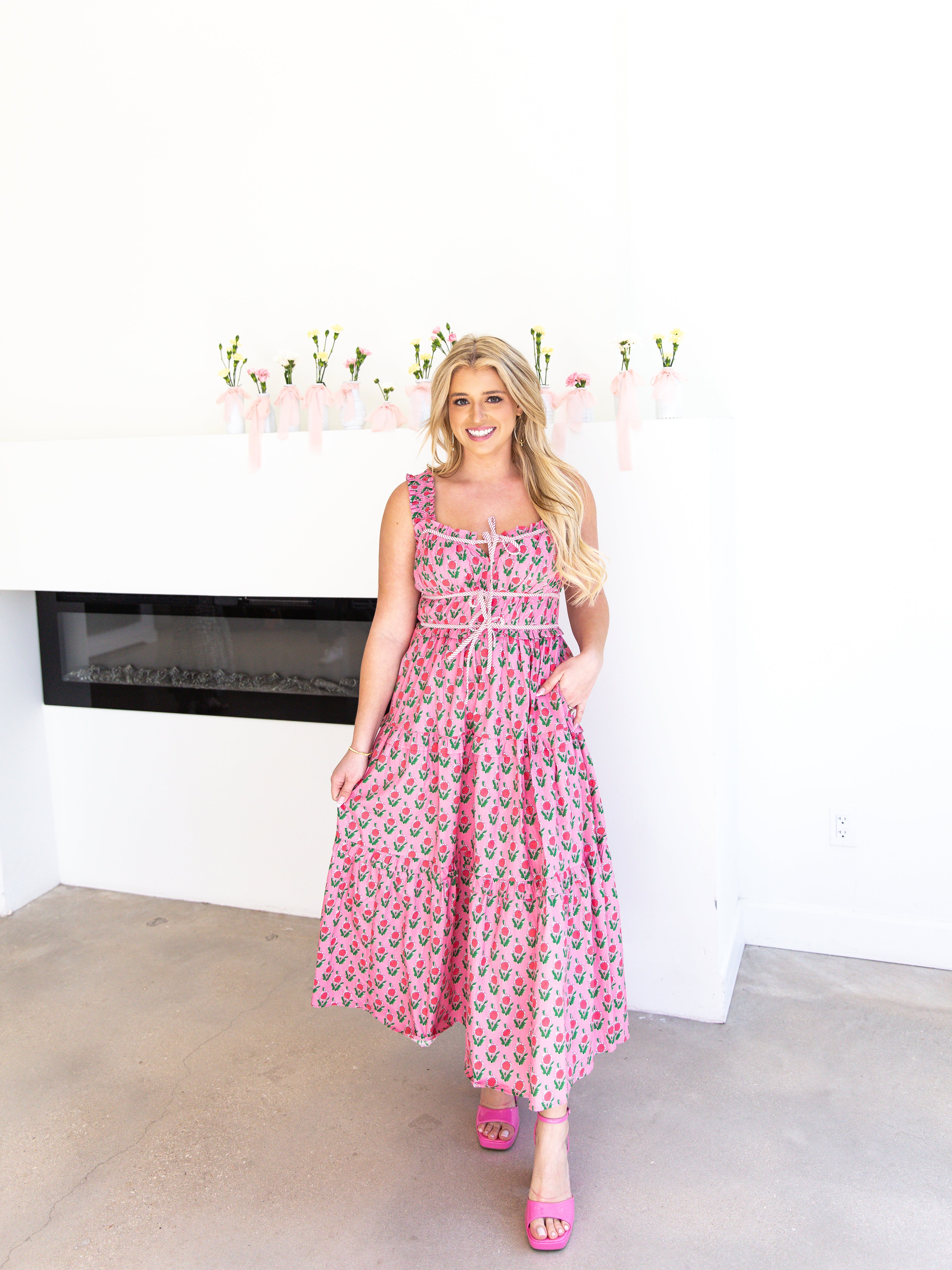 Poppy Pink Midi Dress-500 Midi-ENTRO-July & June Women's Fashion Boutique Located in San Antonio, Texas