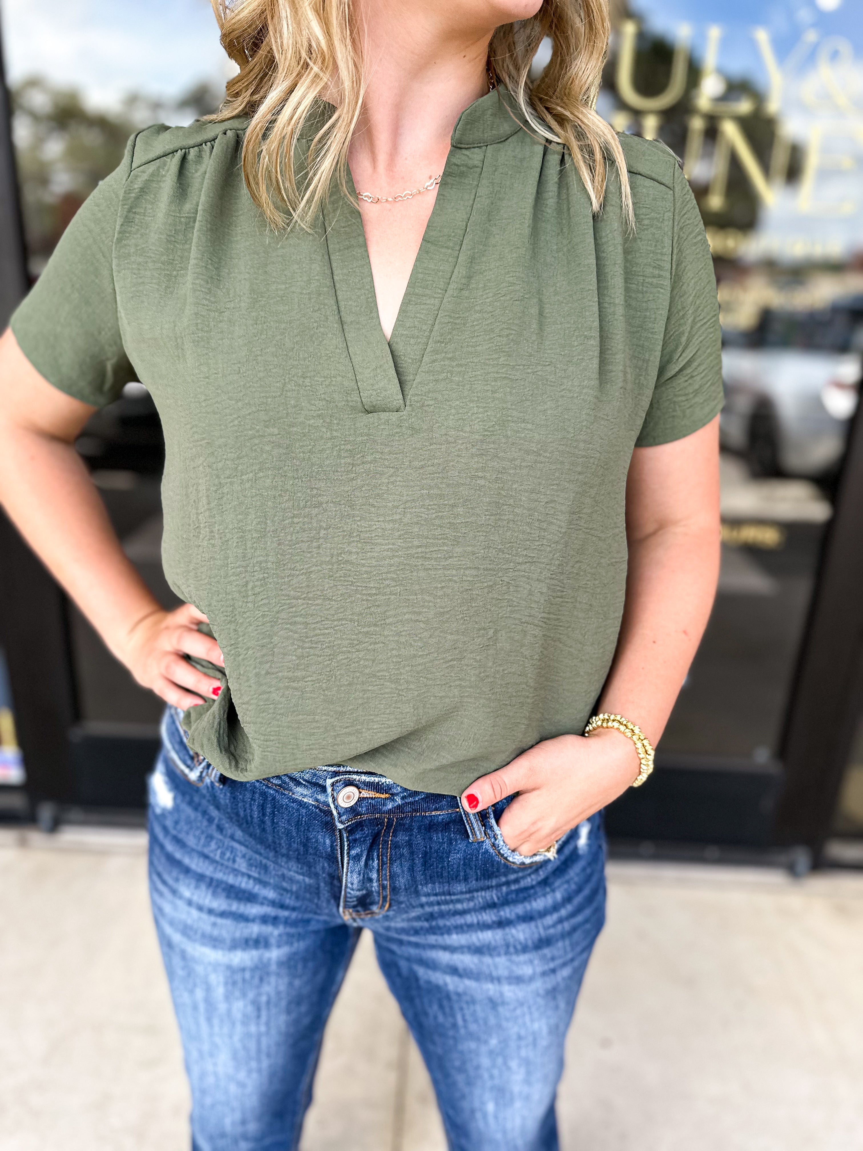 The Classic Cut Blouse - Olive-200 Fashion Blouses-ENTRO-July & June Women's Fashion Boutique Located in San Antonio, Texas