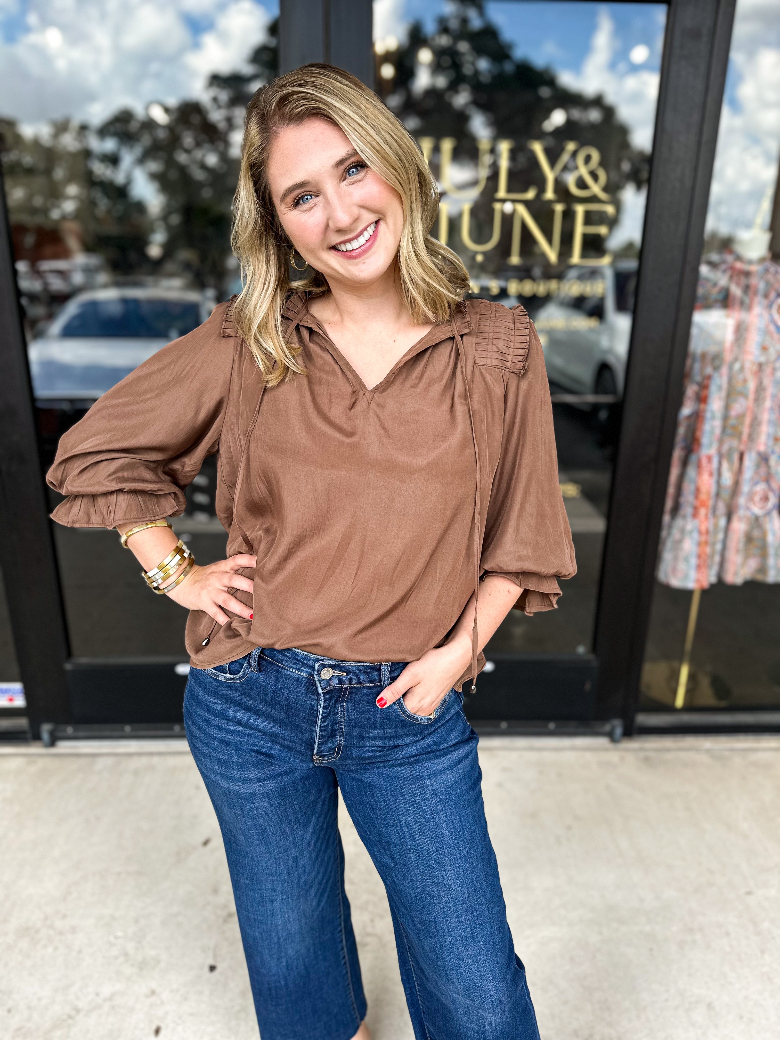 Falling For You Blouse - Mocha-200 Fashion Blouses-ENTRO-July & June Women's Fashion Boutique Located in San Antonio, Texas