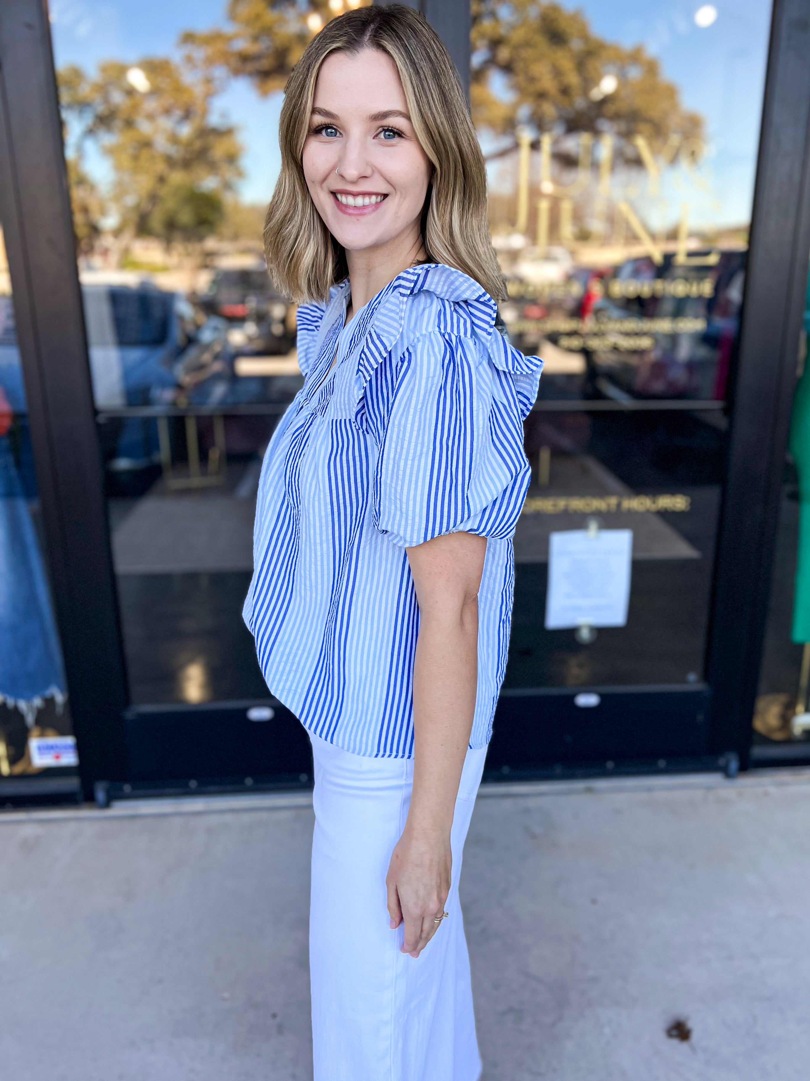 THML - Blue & Ivory Striped Blouse-200 Fashion Blouses-THML-July & June Women's Fashion Boutique Located in San Antonio, Texas