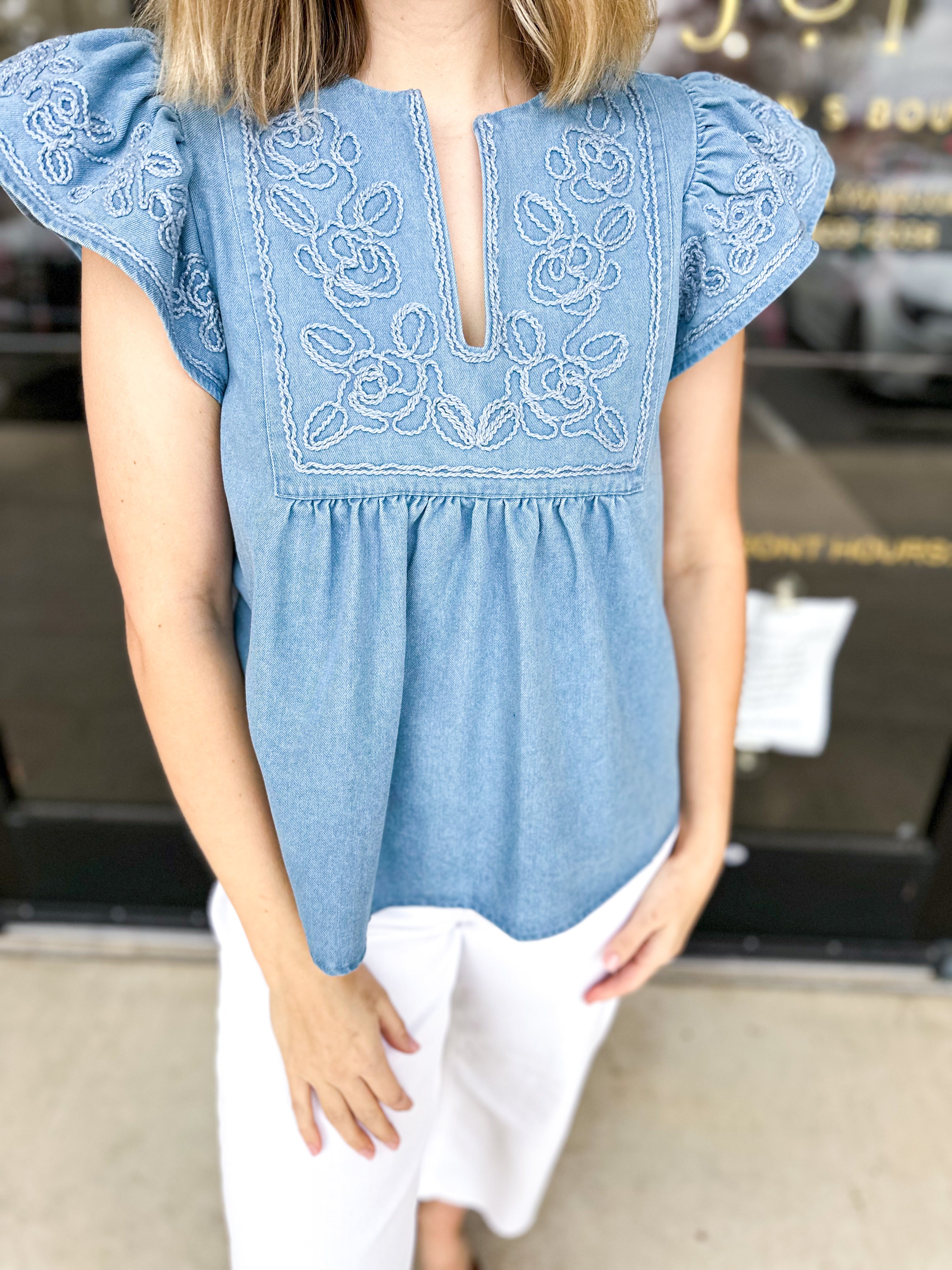 The Magnolia Embroidered Blouse - Light Blue-200 Fashion Blouses-ENTRO-July & June Women's Fashion Boutique Located in San Antonio, Texas