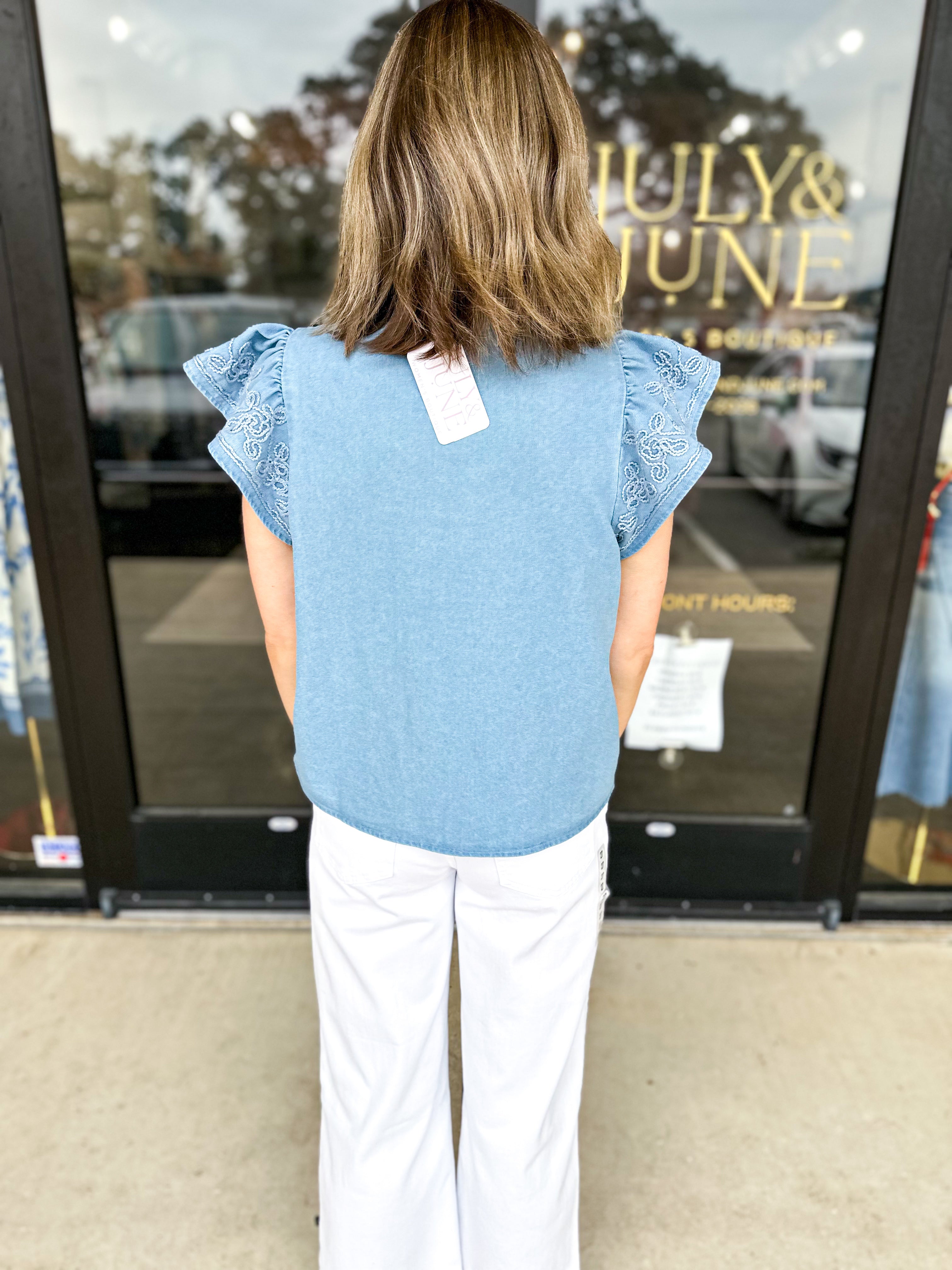 The Magnolia Embroidered Blouse - Light Blue-200 Fashion Blouses-ENTRO-July & June Women's Fashion Boutique Located in San Antonio, Texas