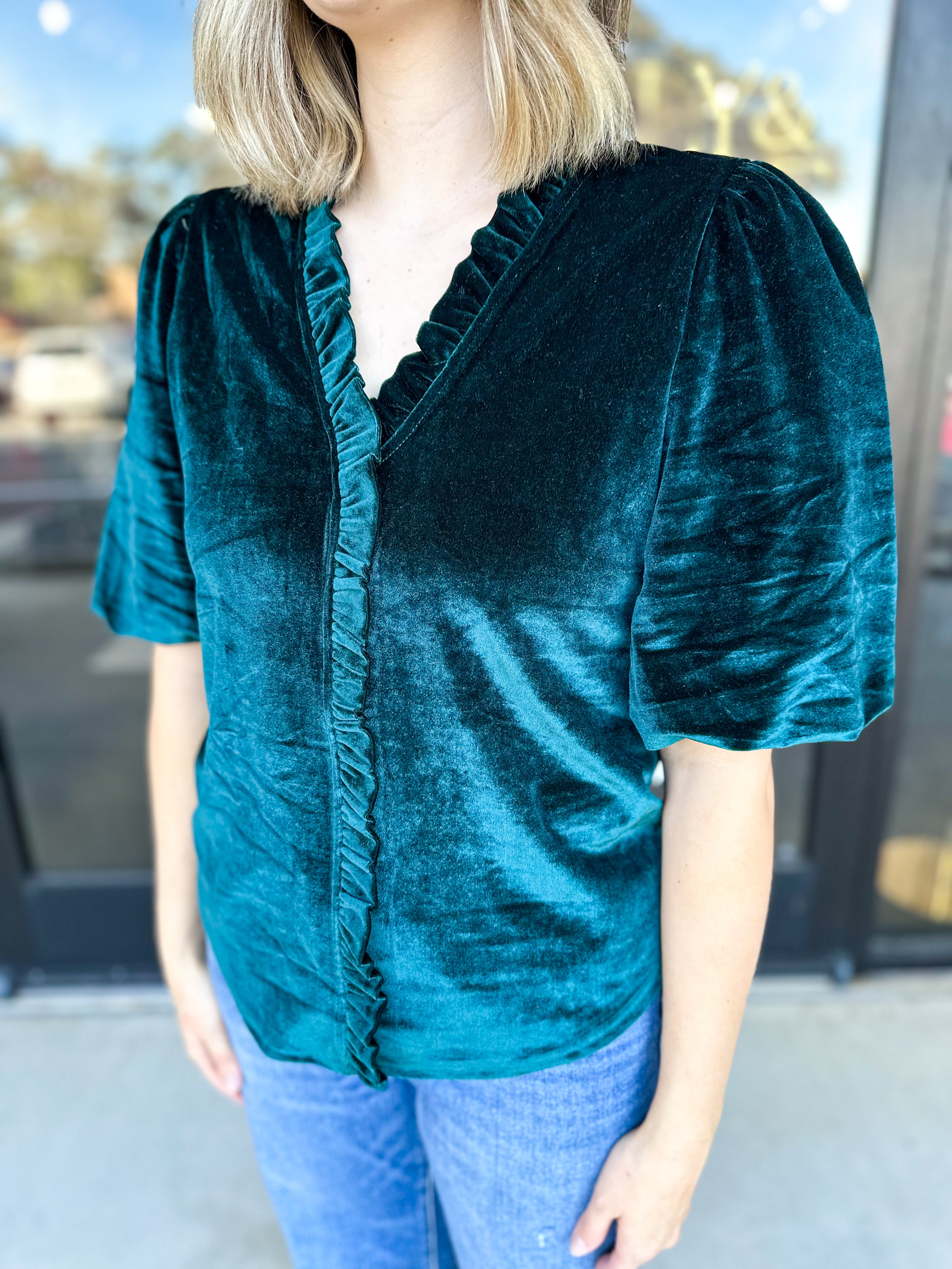 THML- Dark Teal Velvet Ruffle Blouse-200 Fashion Blouses-THML-July & June Women's Fashion Boutique Located in San Antonio, Texas