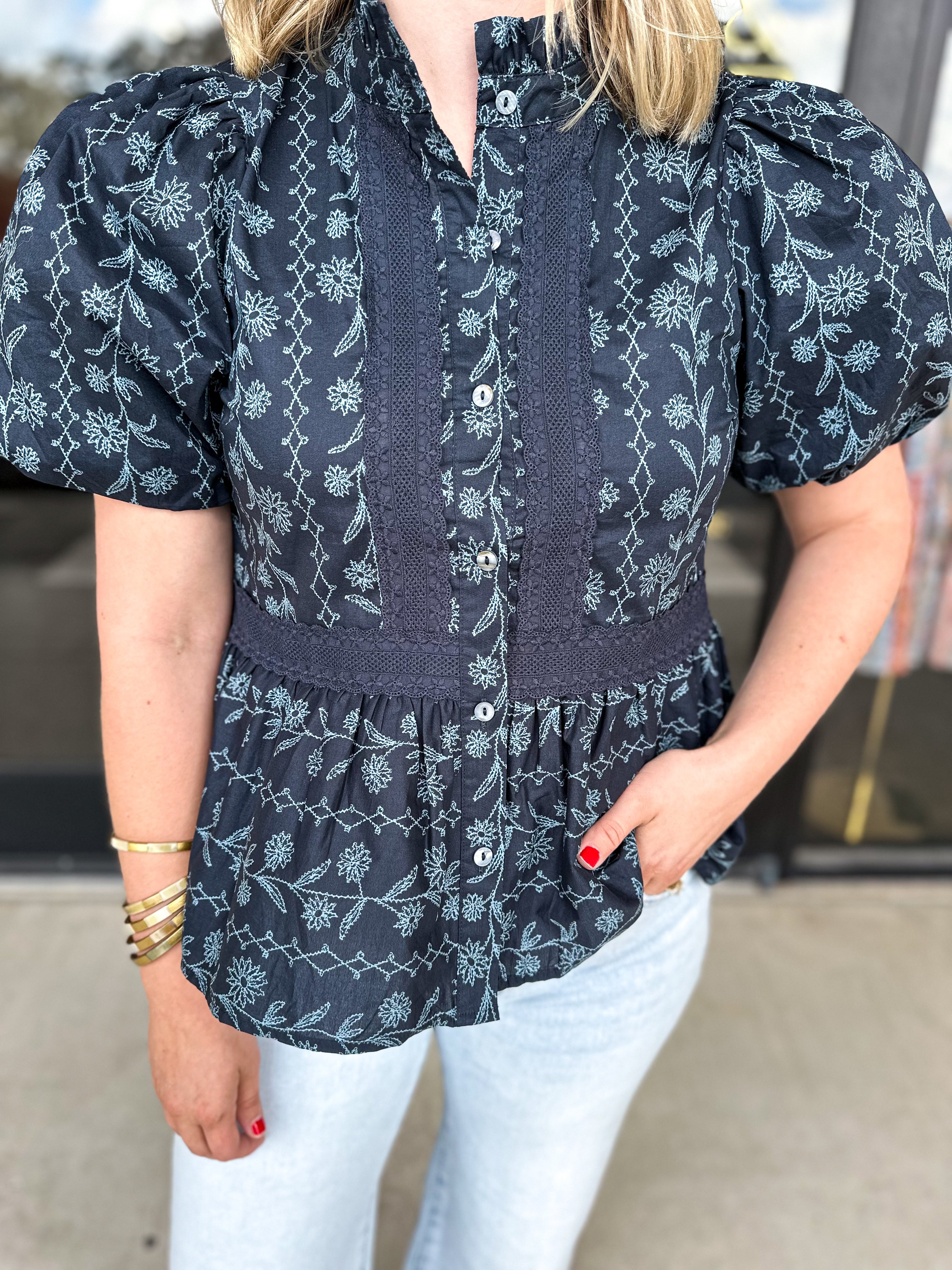 The Nora Navy Blouse-200 Fashion Blouses-ENTRO-July & June Women's Fashion Boutique Located in San Antonio, Texas