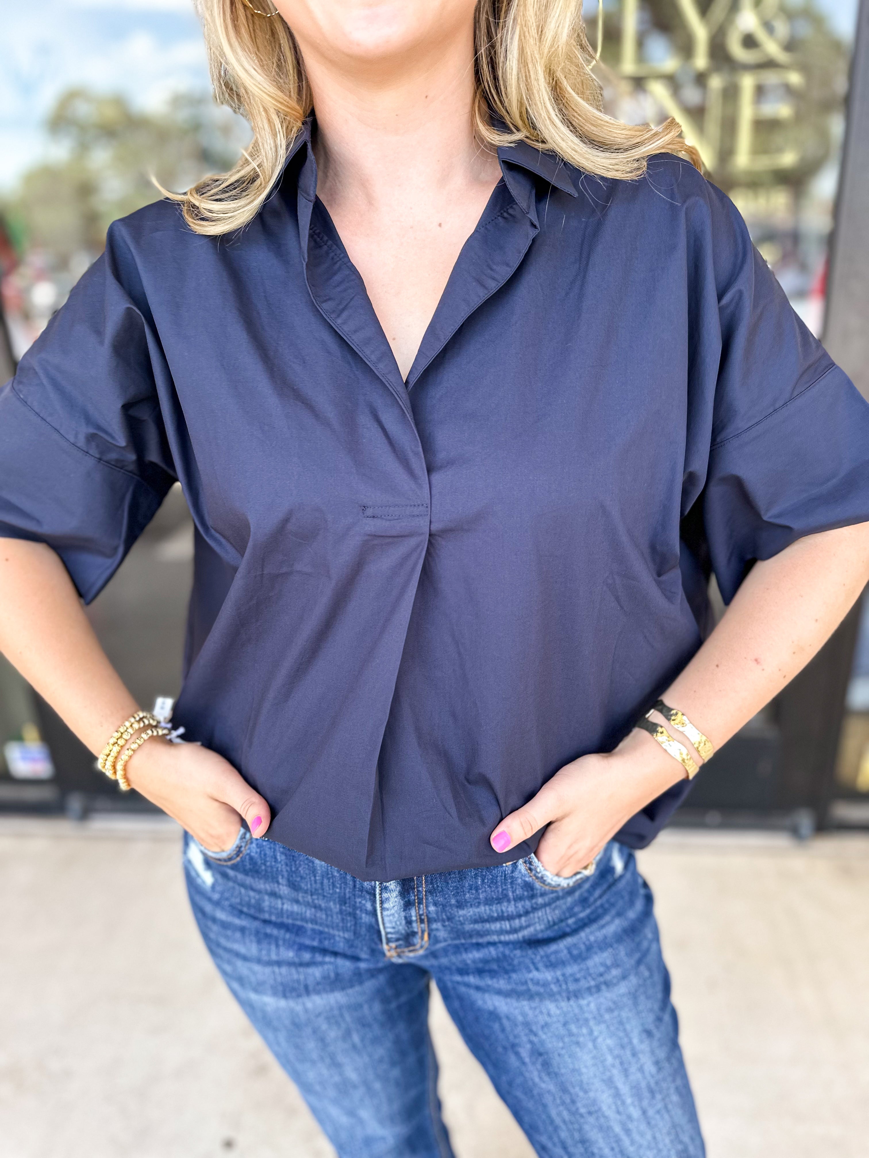 Collard Blouse - Ink-200 Fashion Blouses-PINCH-July & June Women's Fashion Boutique Located in San Antonio, Texas