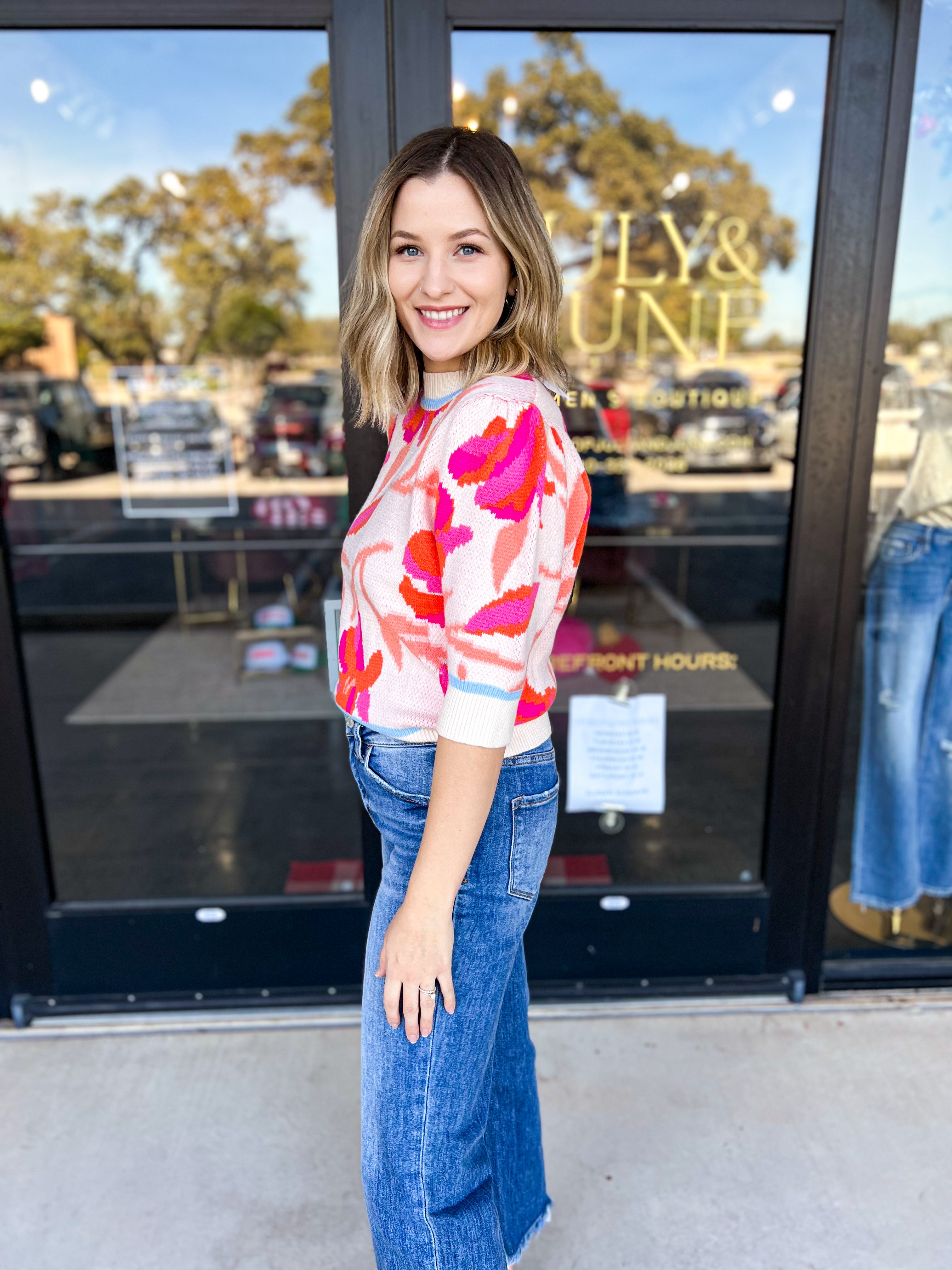 THML - Floral Fun Short Sleeve Sweater Top-230 Sweaters/Cardis-THML-July & June Women's Fashion Boutique Located in San Antonio, Texas