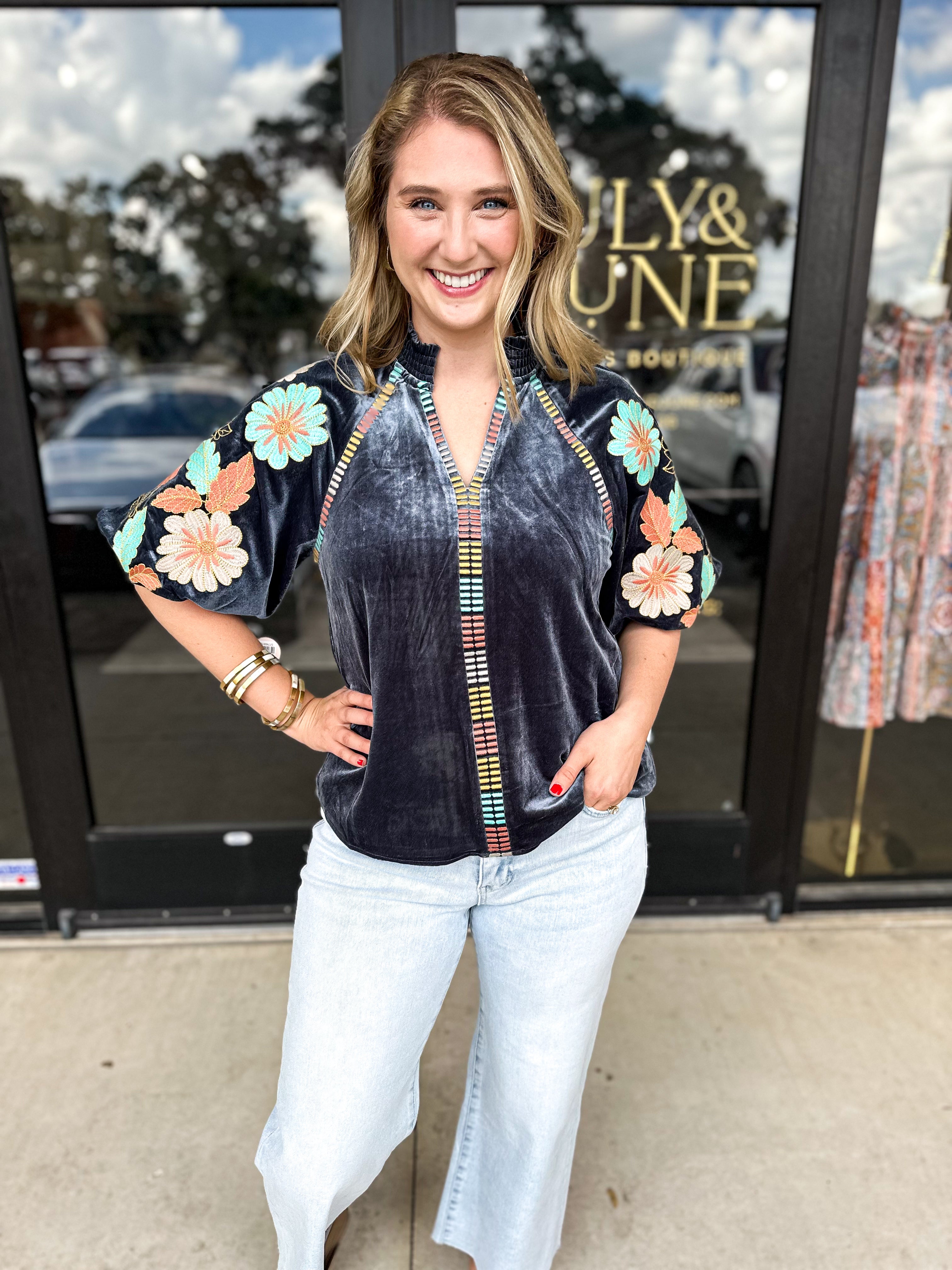 THML - Indigo Velvet Embroidered Blouse-200 Fashion Blouses-THML-July & June Women's Fashion Boutique Located in San Antonio, Texas