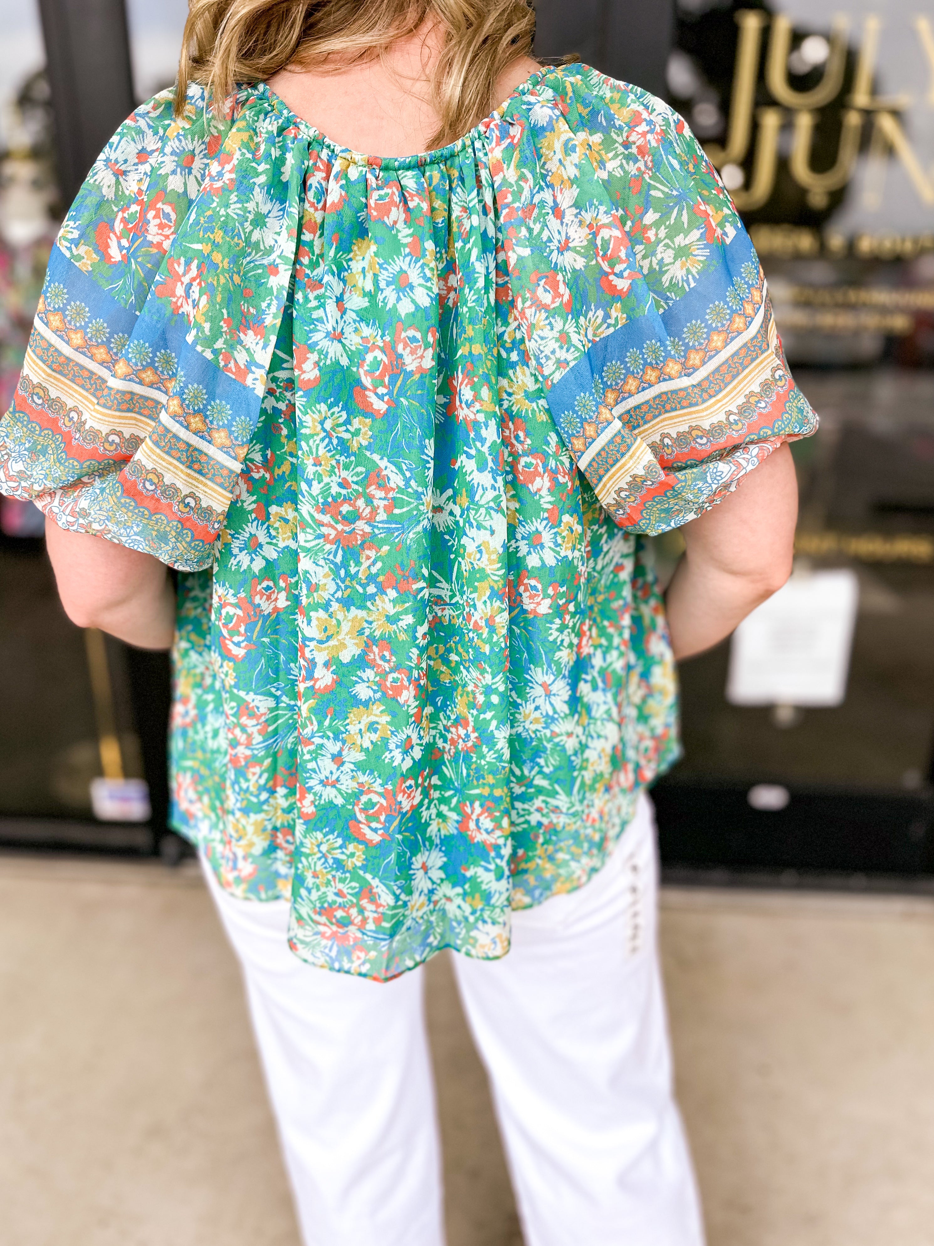 Current Air - Green Garden Floral Blouse-200 Fashion Blouses-CURRENT AIR CLOTHING-July & June Women's Fashion Boutique Located in San Antonio, Texas