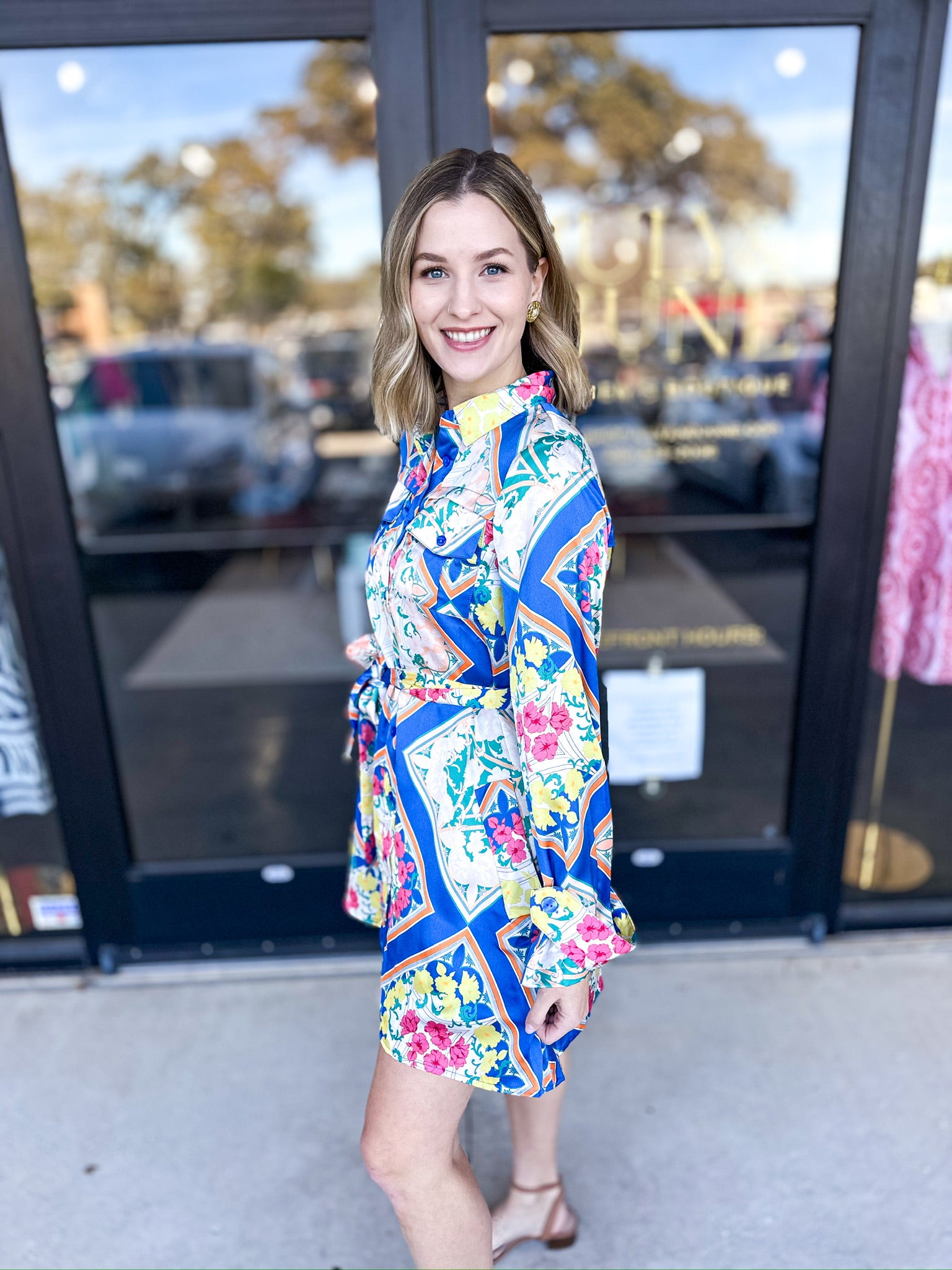 Royal Blue Scarf Print Mini Dress-510 Mini-FATE-July & June Women's Fashion Boutique Located in San Antonio, Texas