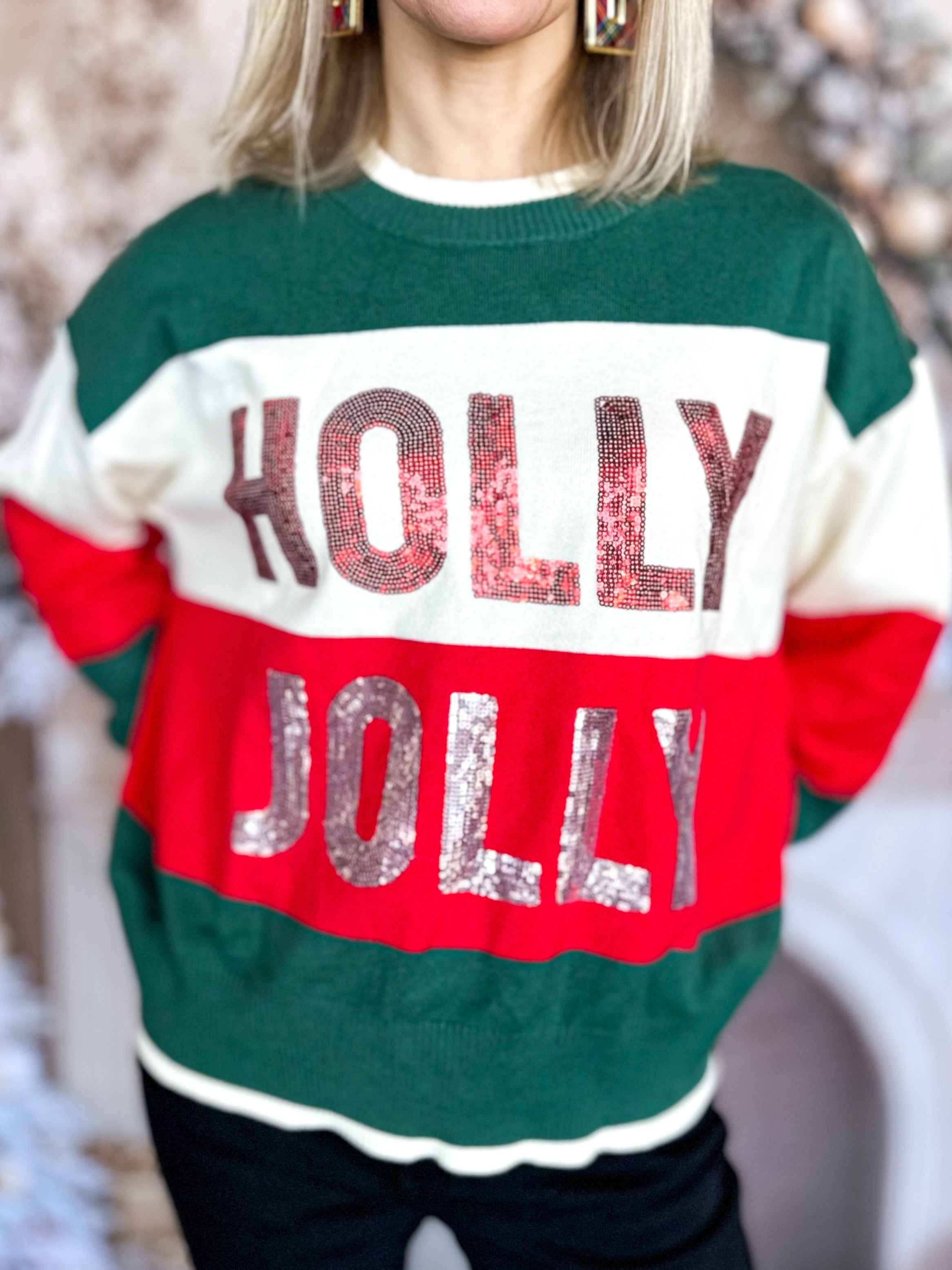 Holly Jolly Varsity Sweater Top-230 Sweaters/Cardis-FANTASTIC FAWN-July & June Women's Fashion Boutique Located in San Antonio, Texas