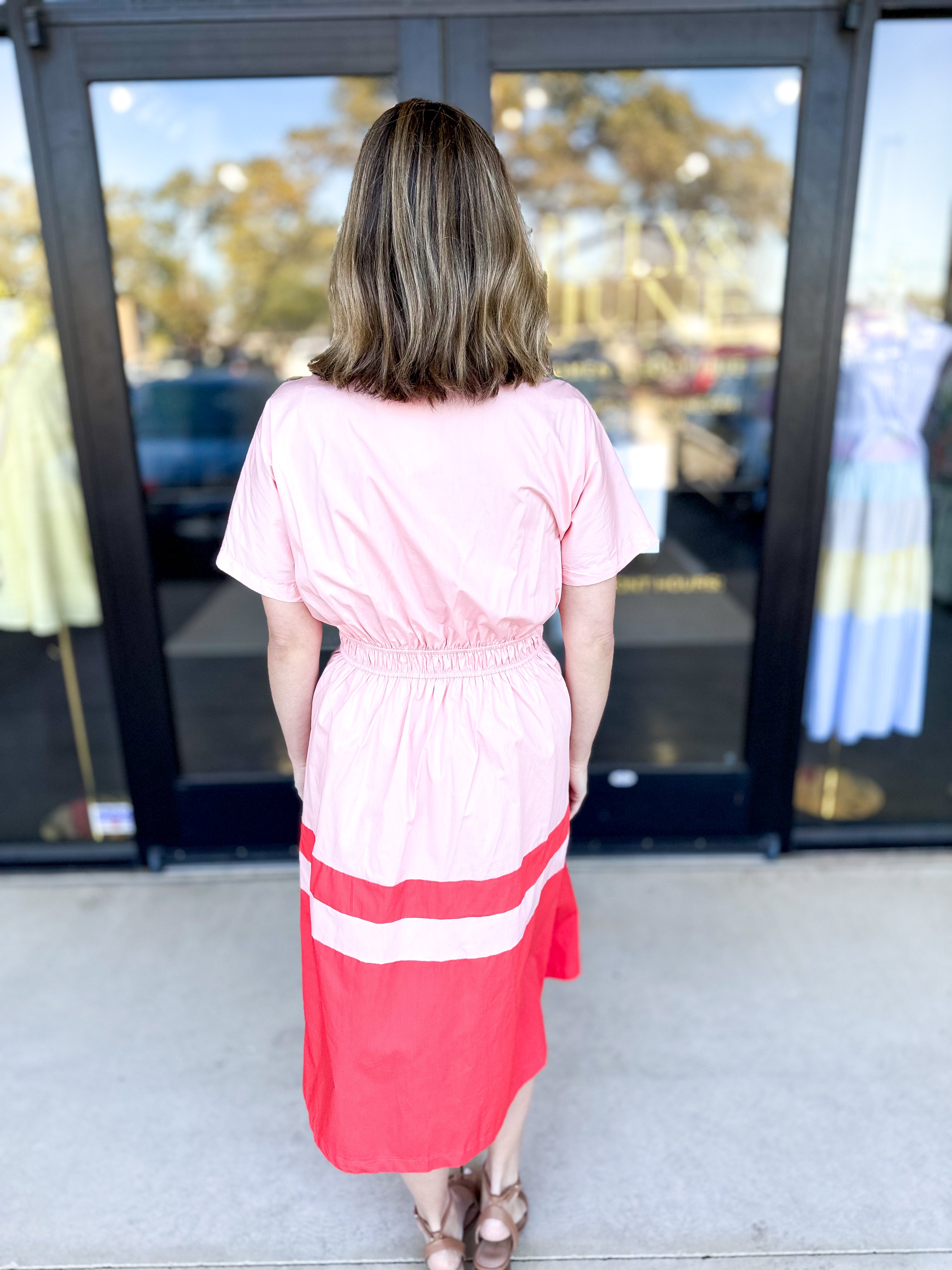 Pink & Red Contrast Midi Dress-500 Midi-&MERCI-July & June Women's Fashion Boutique Located in San Antonio, Texas