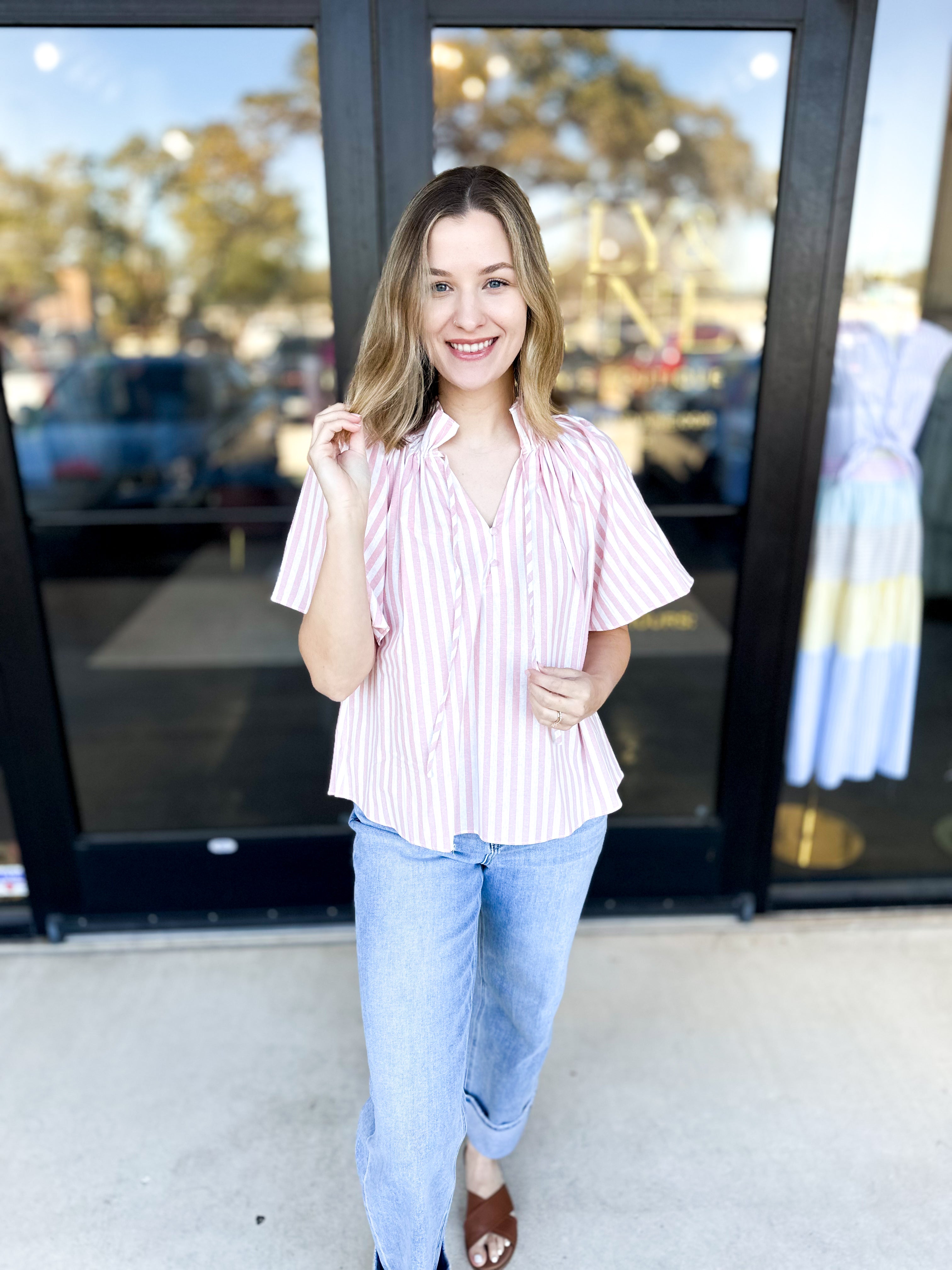 Preppy Striped Blouse-200 Fashion Blouses-FATE-July & June Women's Fashion Boutique Located in San Antonio, Texas