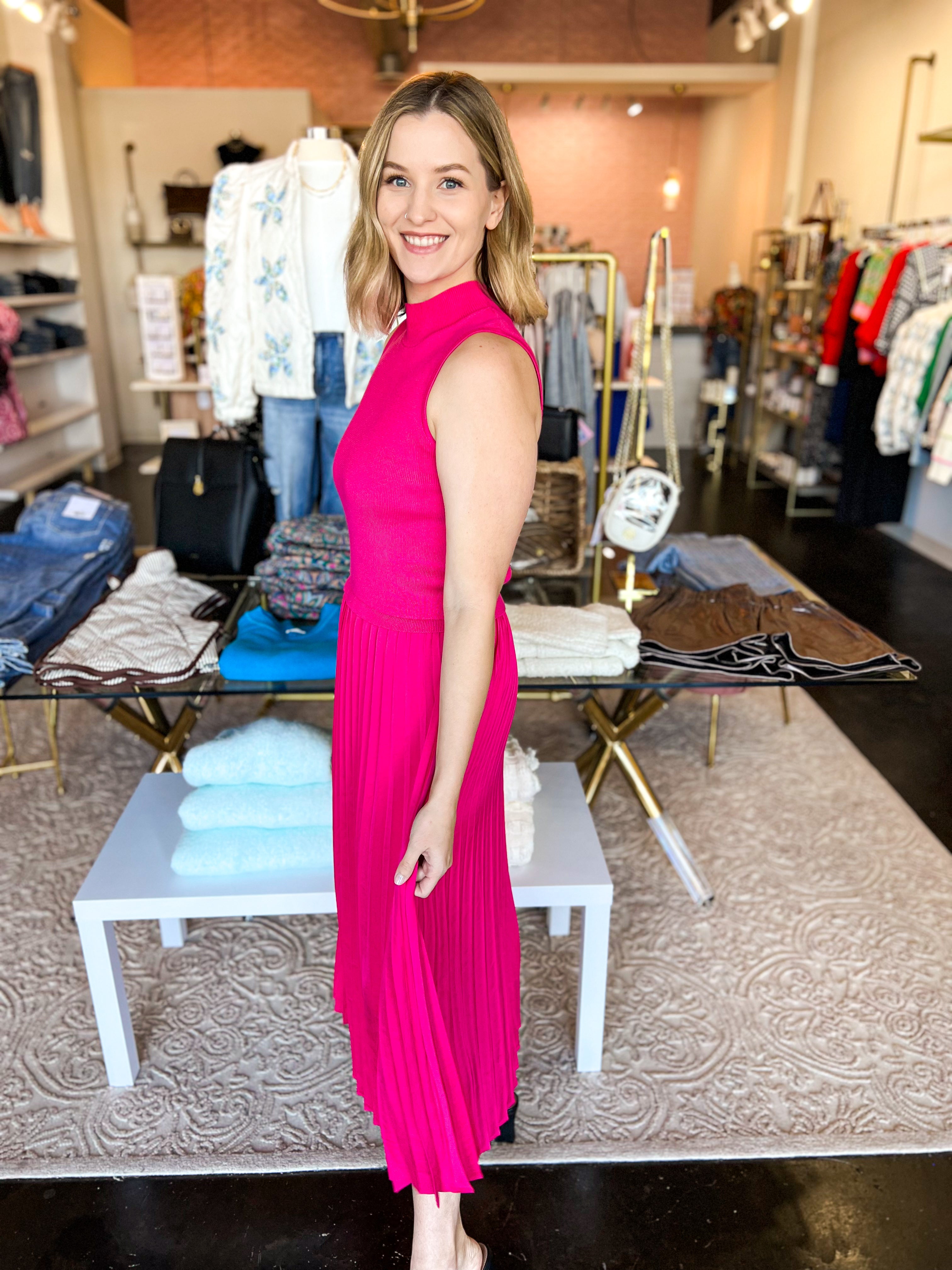 The Delilah Dress - Hot Pink-500 Midi-SKIES ARE BLUE-July & June Women's Fashion Boutique Located in San Antonio, Texas