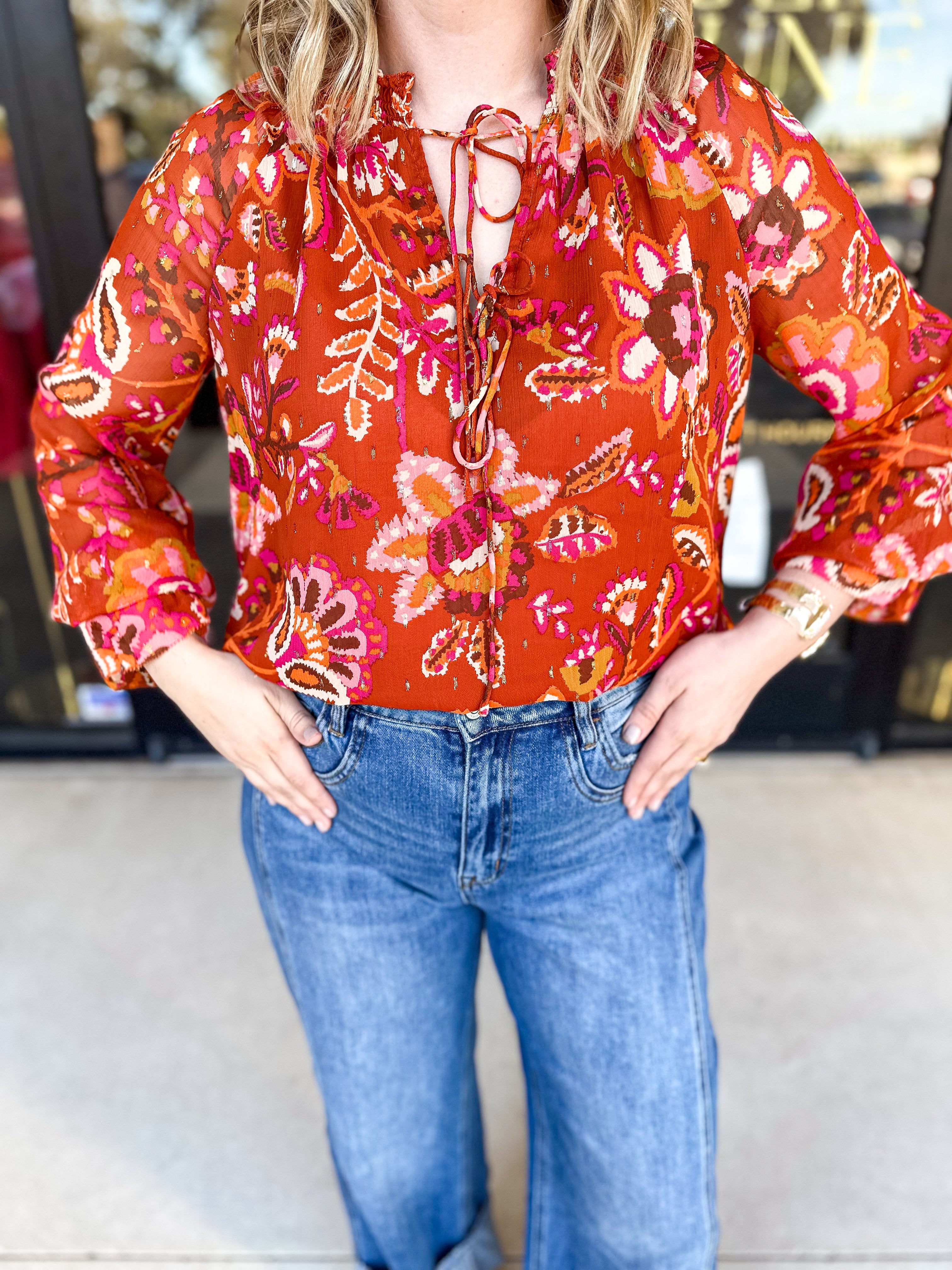 Rust Floral Tie Blouse-200 Fashion Blouses-FATE-July & June Women's Fashion Boutique Located in San Antonio, Texas