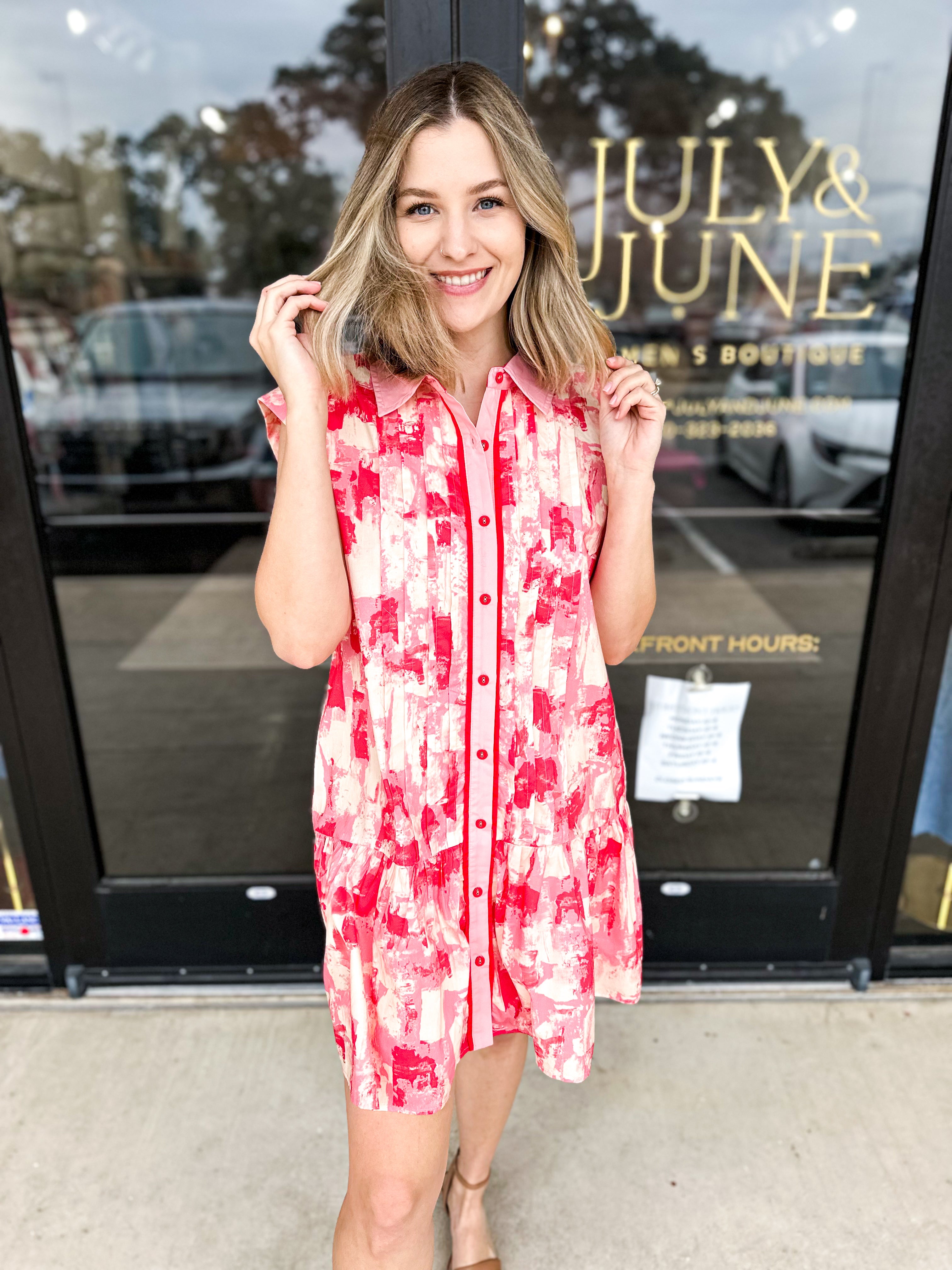 Watercolor Shift Dress - Pink & Red Combo-510 Mini-ENTRO-July & June Women's Fashion Boutique Located in San Antonio, Texas