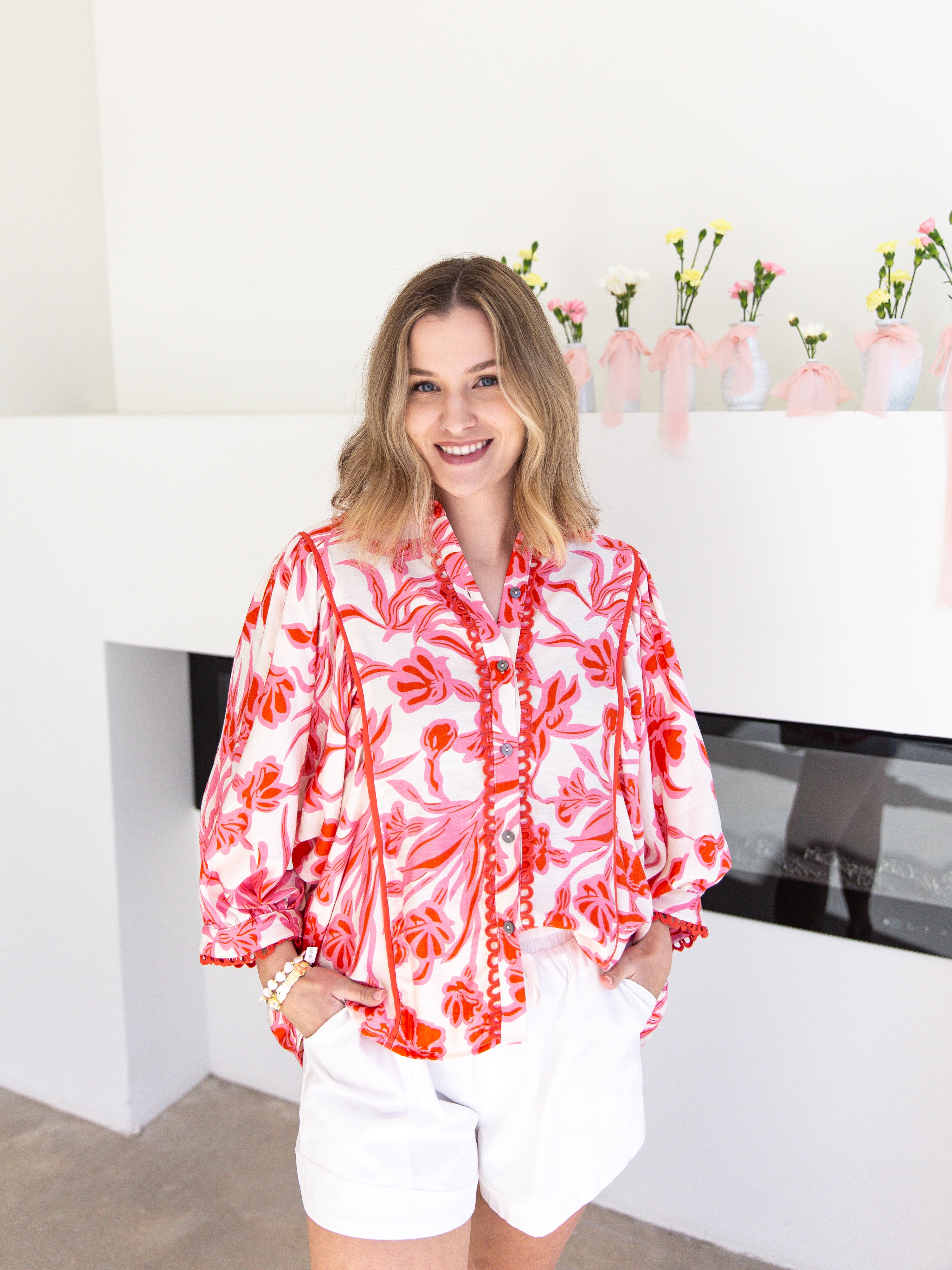 Red & Pink Floral Flowy Blouse-200 Fashion Blouses-ENTRO-July & June Women's Fashion Boutique Located in San Antonio, Texas