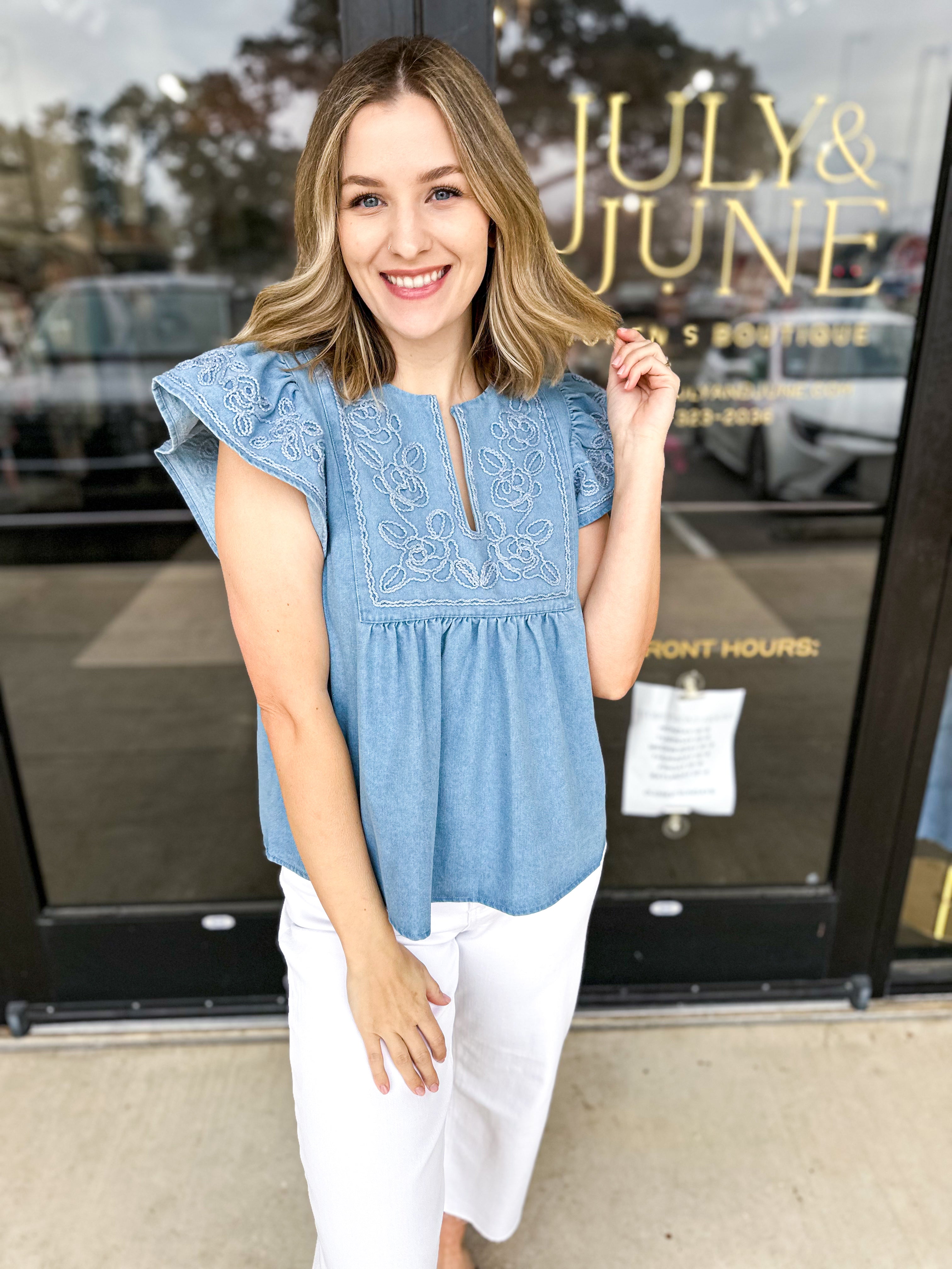 The Magnolia Embroidered Blouse - Light Blue-200 Fashion Blouses-ENTRO-July & June Women's Fashion Boutique Located in San Antonio, Texas